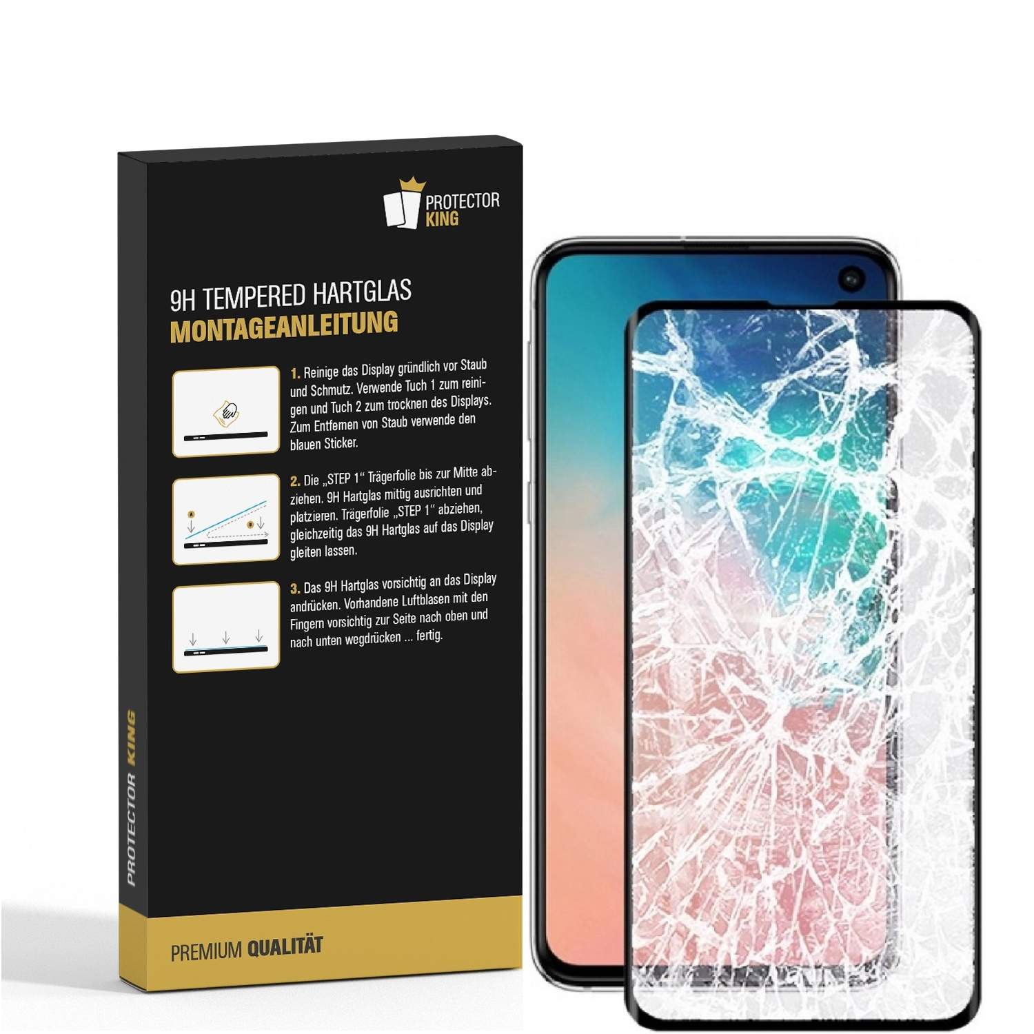 Telefon mit Displayschutz. Anweisungen auf der Box. Die Folie hat Riss.