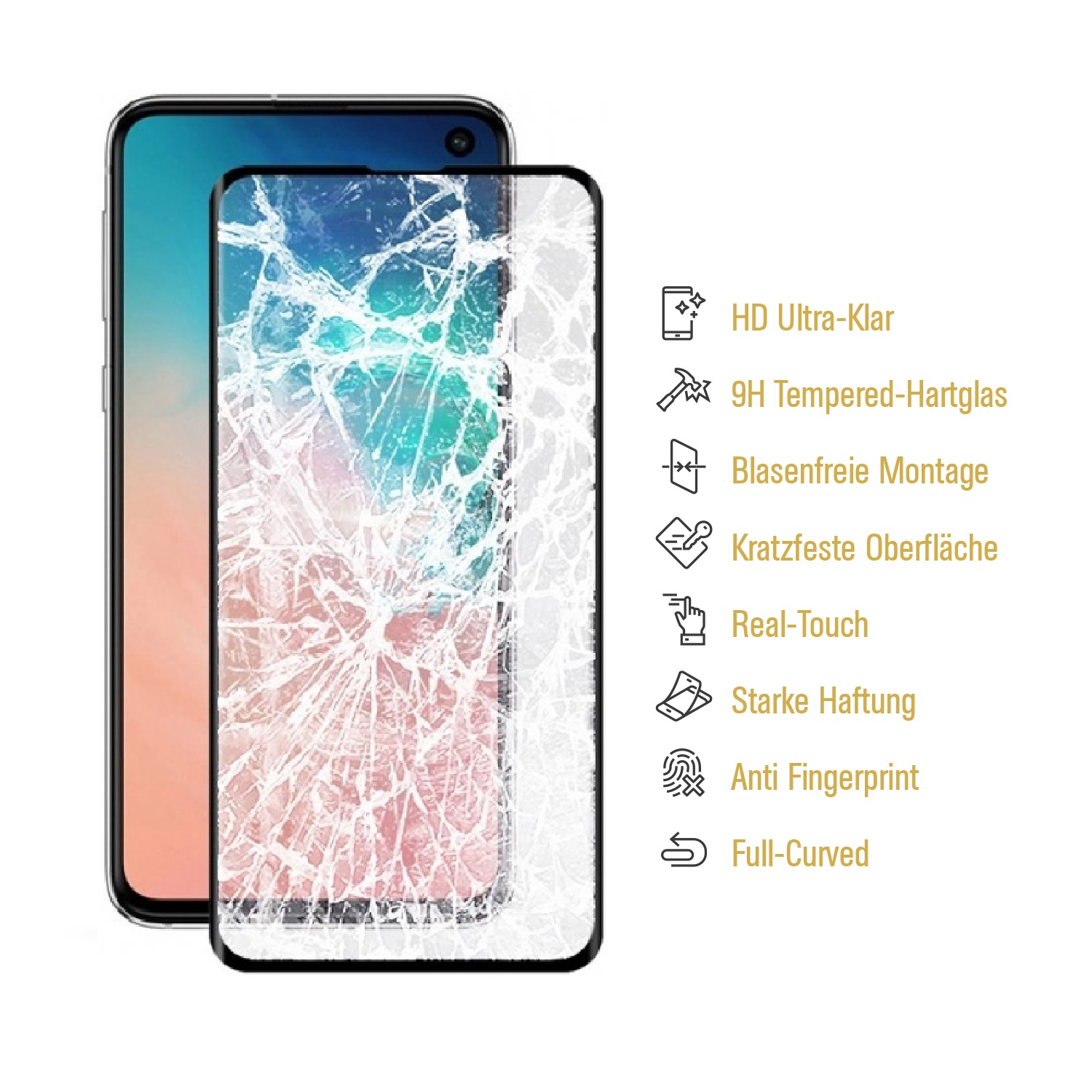 Ein Telefon mit gesprungenem Bildschirm und einer klaren Displayschutzfolie. Das Telefon ist schwarz mit weißer, gerissener Folie.