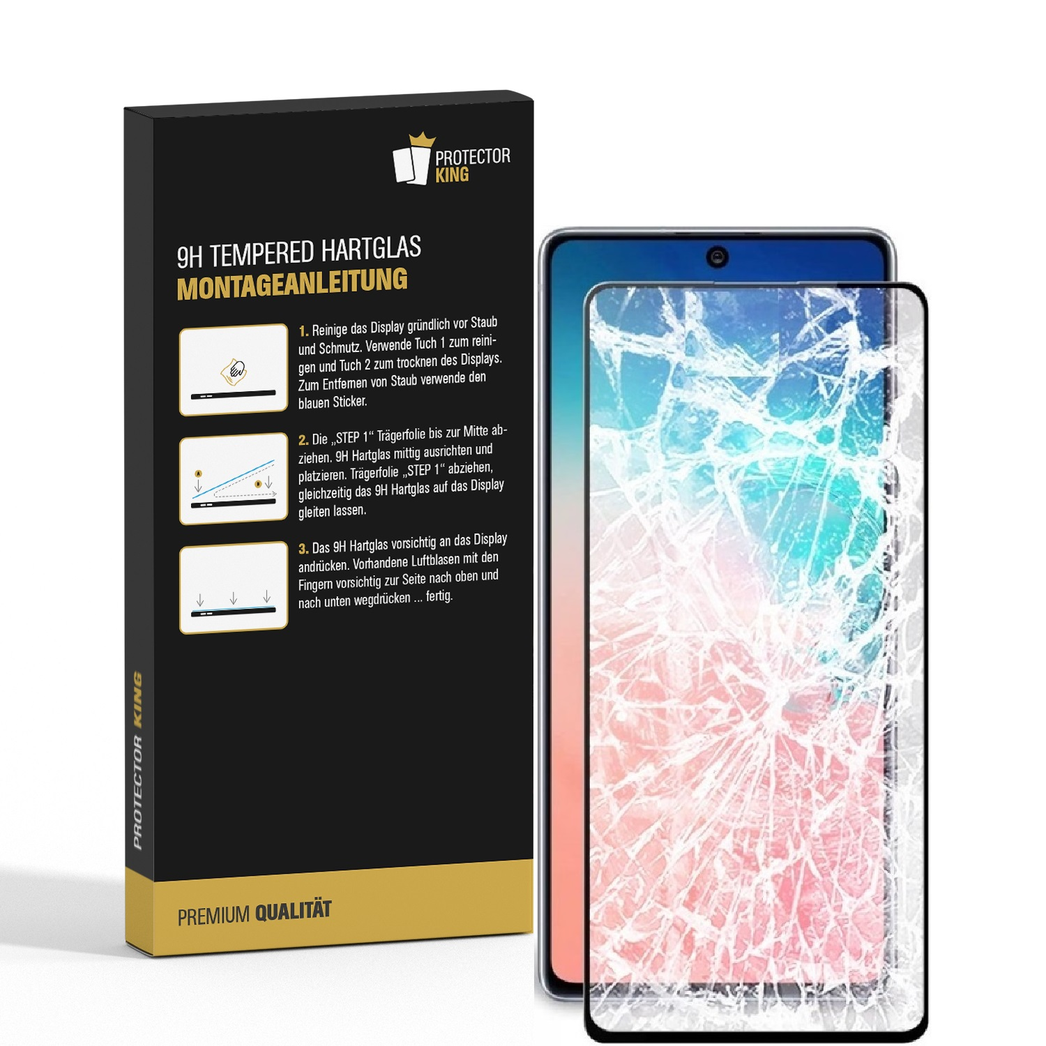 Telefon mit Displayschutz und Anweisungen. Die Folie hat einen Riss.