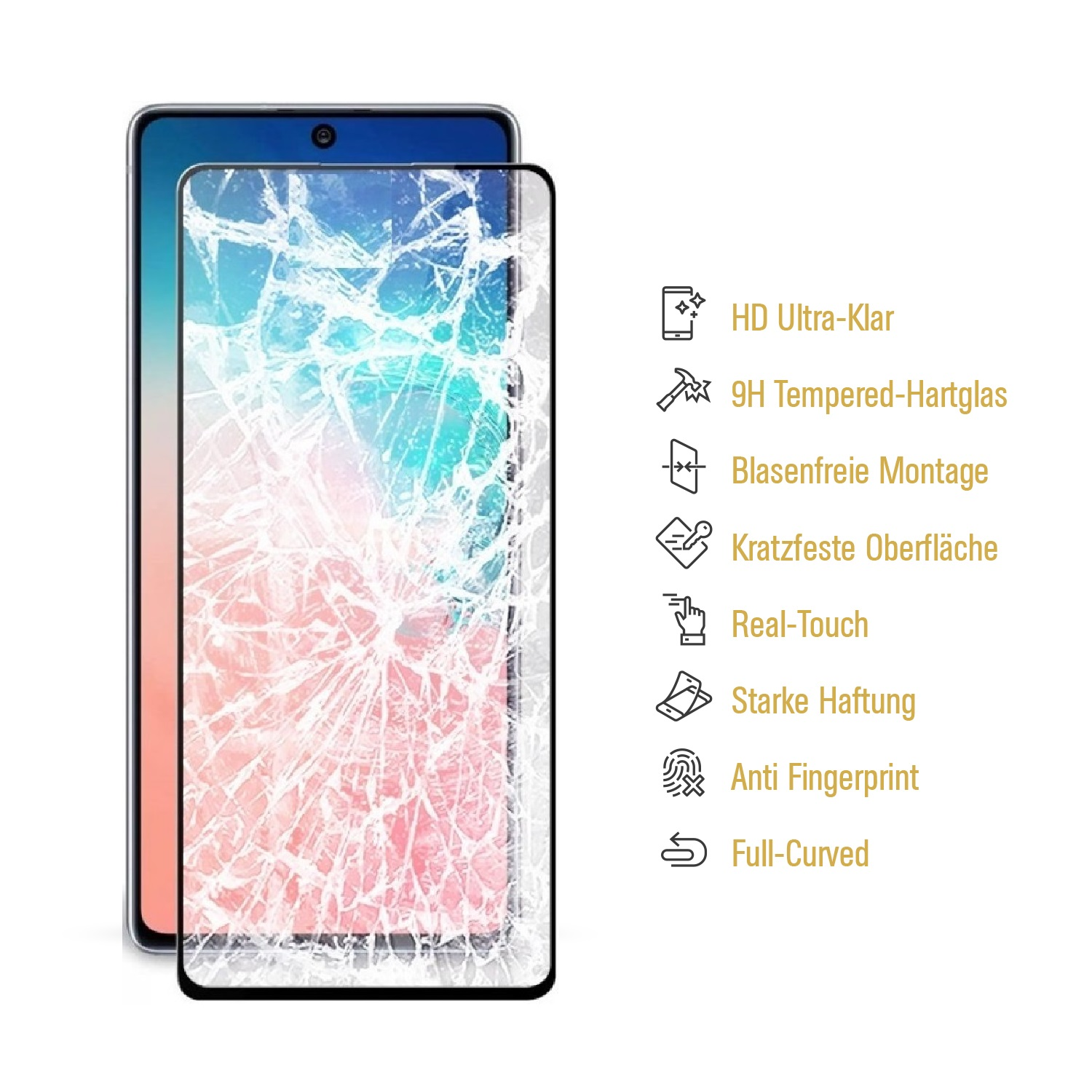 Smartphone mit zersplitterter Displayschutzfolie. Die Folie hat verschiedene Funktionssymbole.
