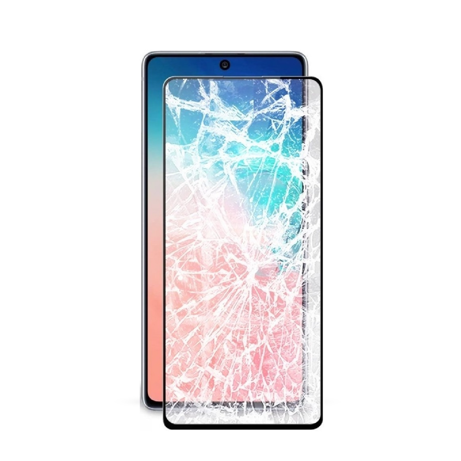 Ein Telefon mit gesprungenem Bildschirm, bedeckt von einer klaren Displayschutzfolie. Das Telefon ist schwarz, der Schutz ist klar.