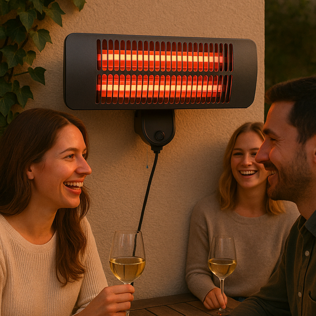 People are sitting outside with wine glasses, smiling, with a black heater above them with orange heating elements.