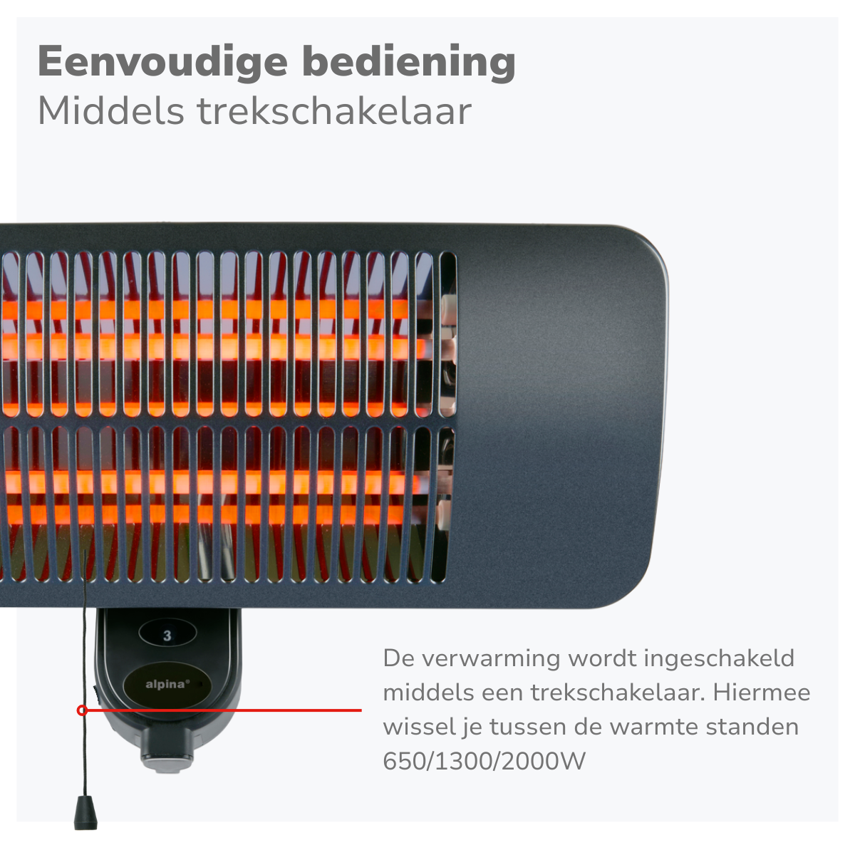 Gros plan d'un radiateur noir avec des éléments chauffants orange. Une tirette pend en bas. Texte : 'Eenvoudige bediening'.