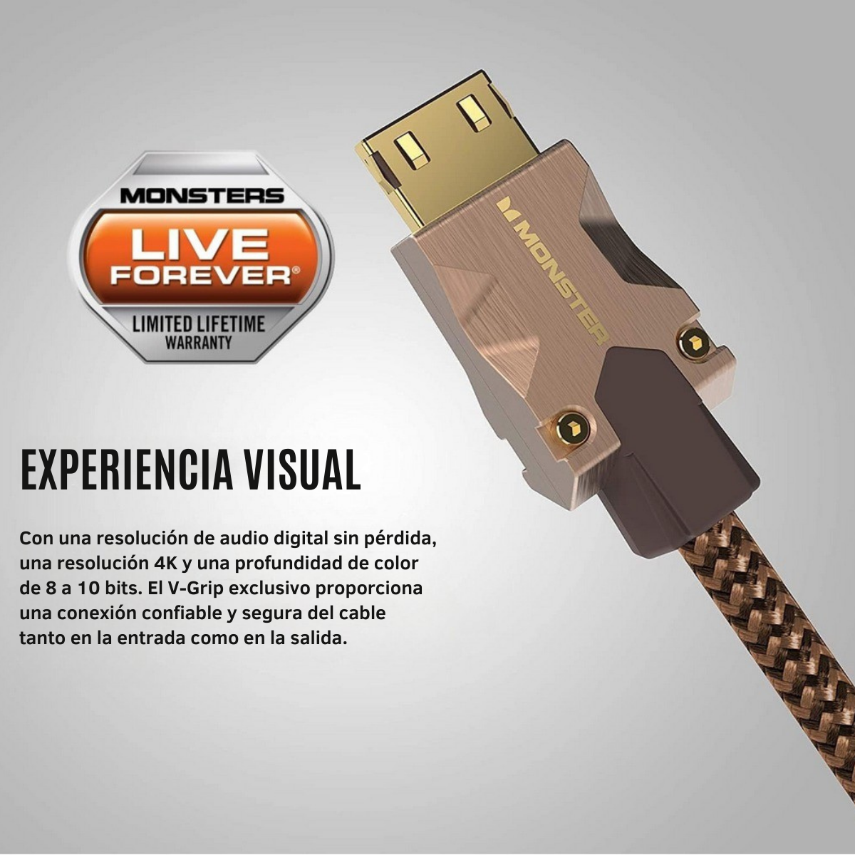 Un cavo marrone e dorato con un connettore. Testo: Live Forever, Garanzia a vita limitata ed Experiencia Visual.