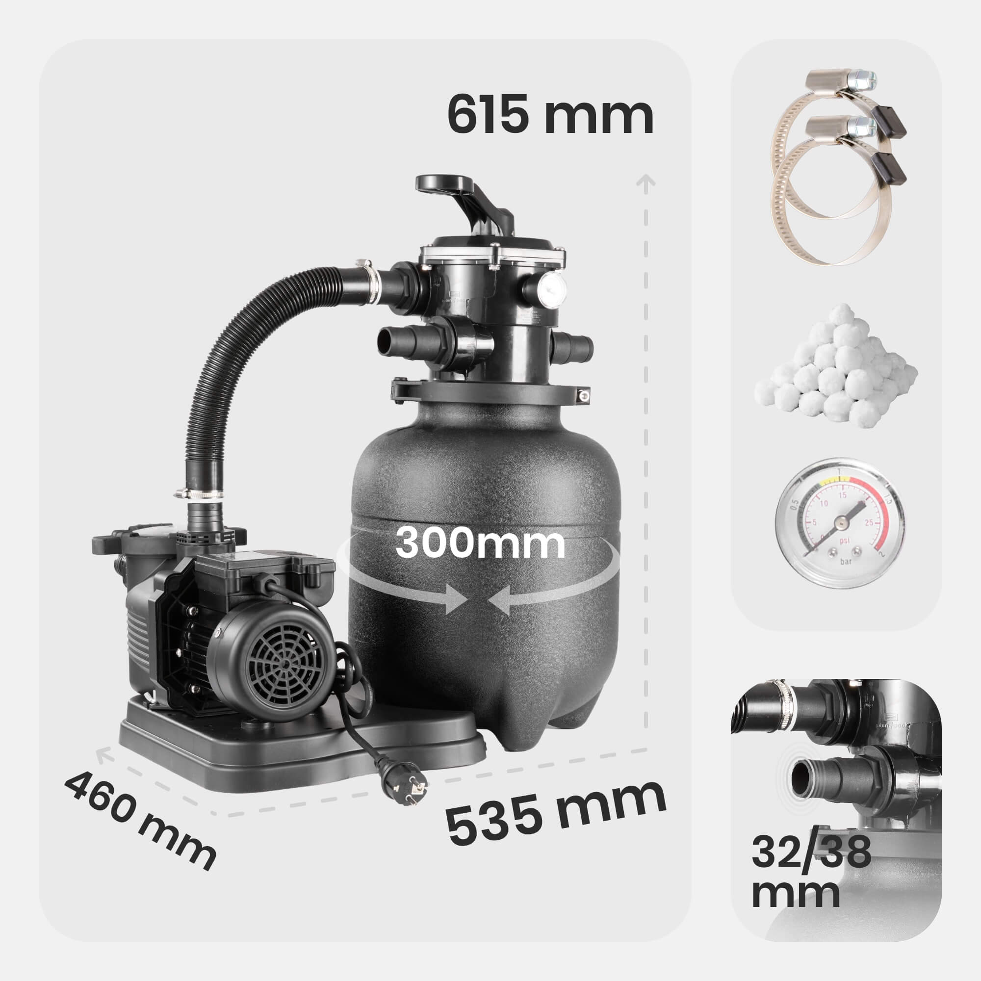 Schwarzes Poolfiltersystem mit Abmessungen. Enthält Pumpe, Schläuche, Klemmen, Filterbälle und ein Messgerät.