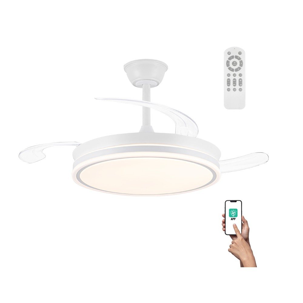 Ventilador de techo blanco con luz, aspas curvas, mando y móvil con app.
