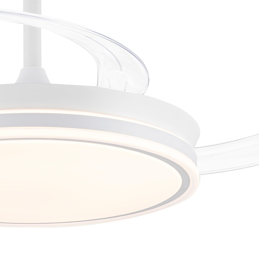 Primer plano de ventilador de techo blanco con luz, aspas transparentes y fondo blanco.