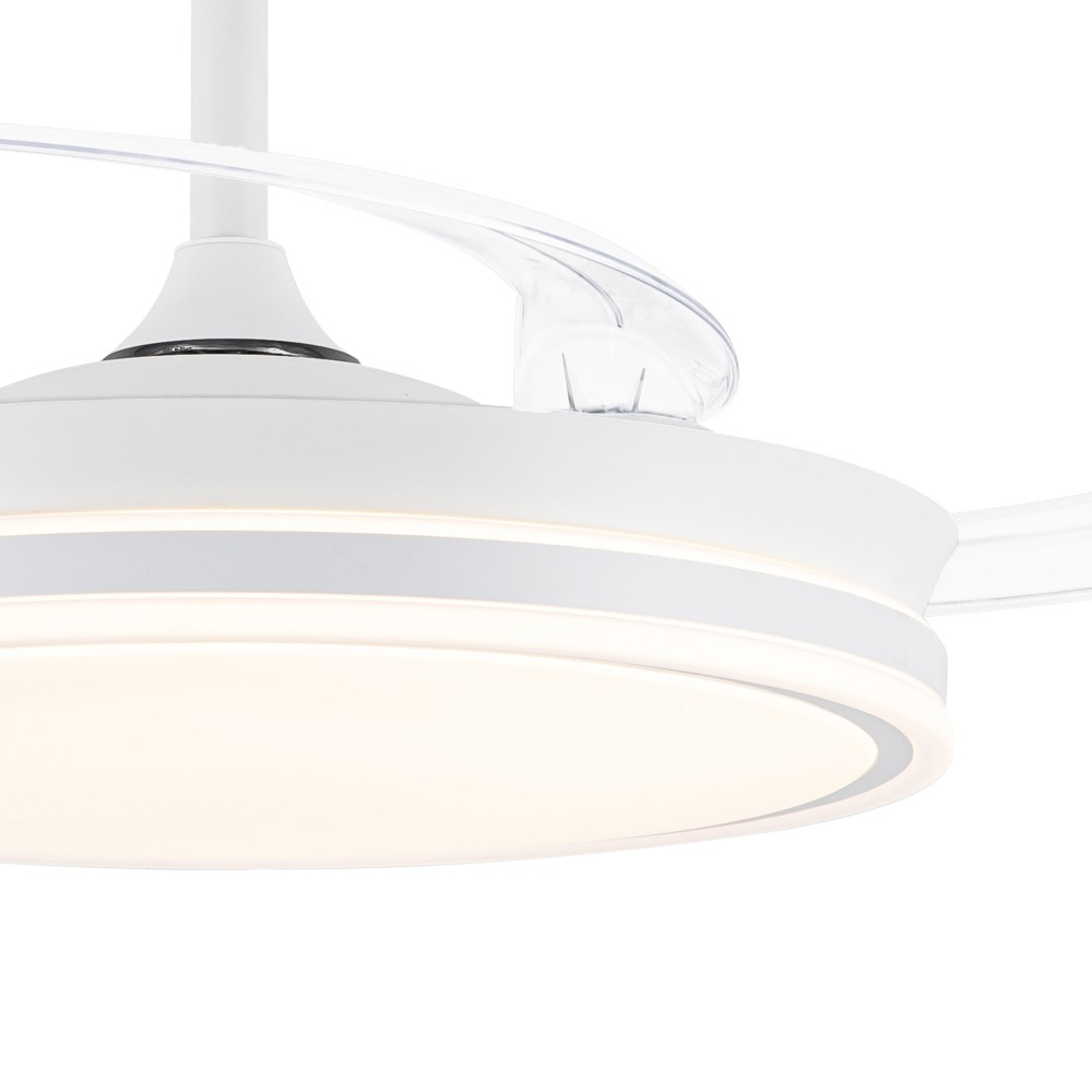 Ventilador de techo blanco con luz brillante y aspas transparentes.