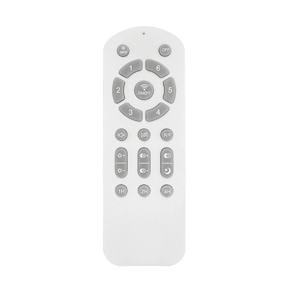 Mando a distancia blanco con botones numerados y funciones. Incluye botones de encendido/apagado, ventilador y temporizador.