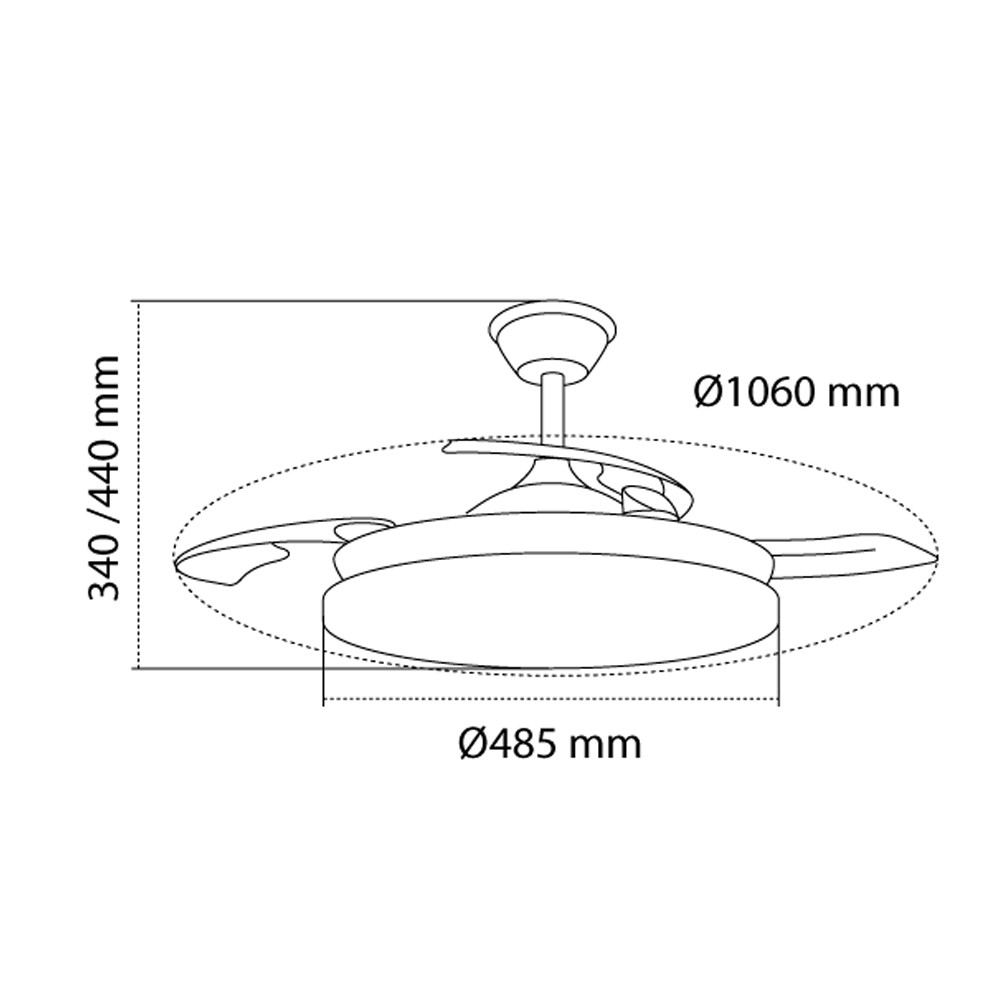 Diagrama de ventilador de techo. Muestra dimensiones de 340/440 mm de altura, 485 mm de diámetro y 1060 mm.