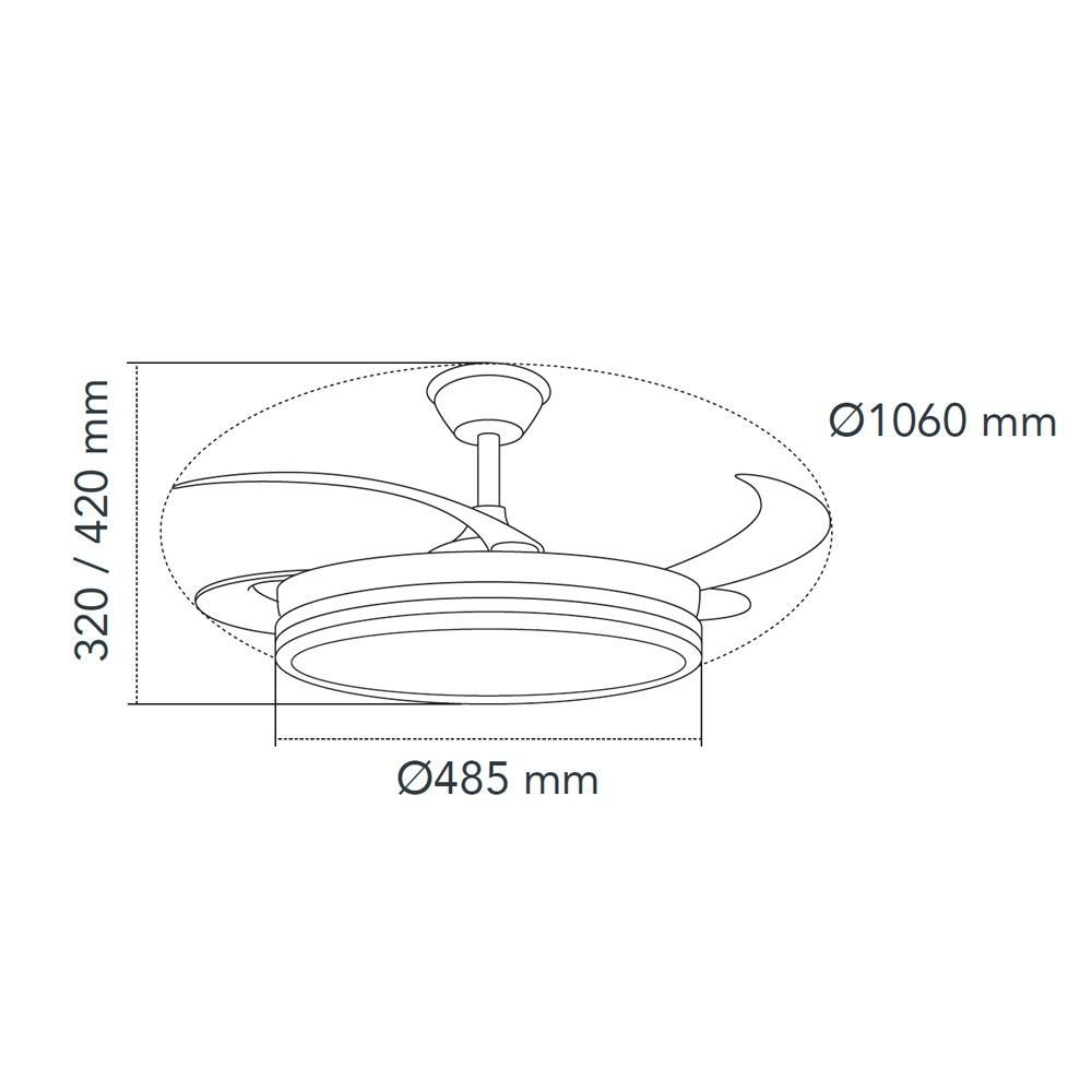 Diagrama de ventilador de techo. Muestra dimensiones de 320/420 mm de altura, 485 mm de diámetro y 1060 mm.
