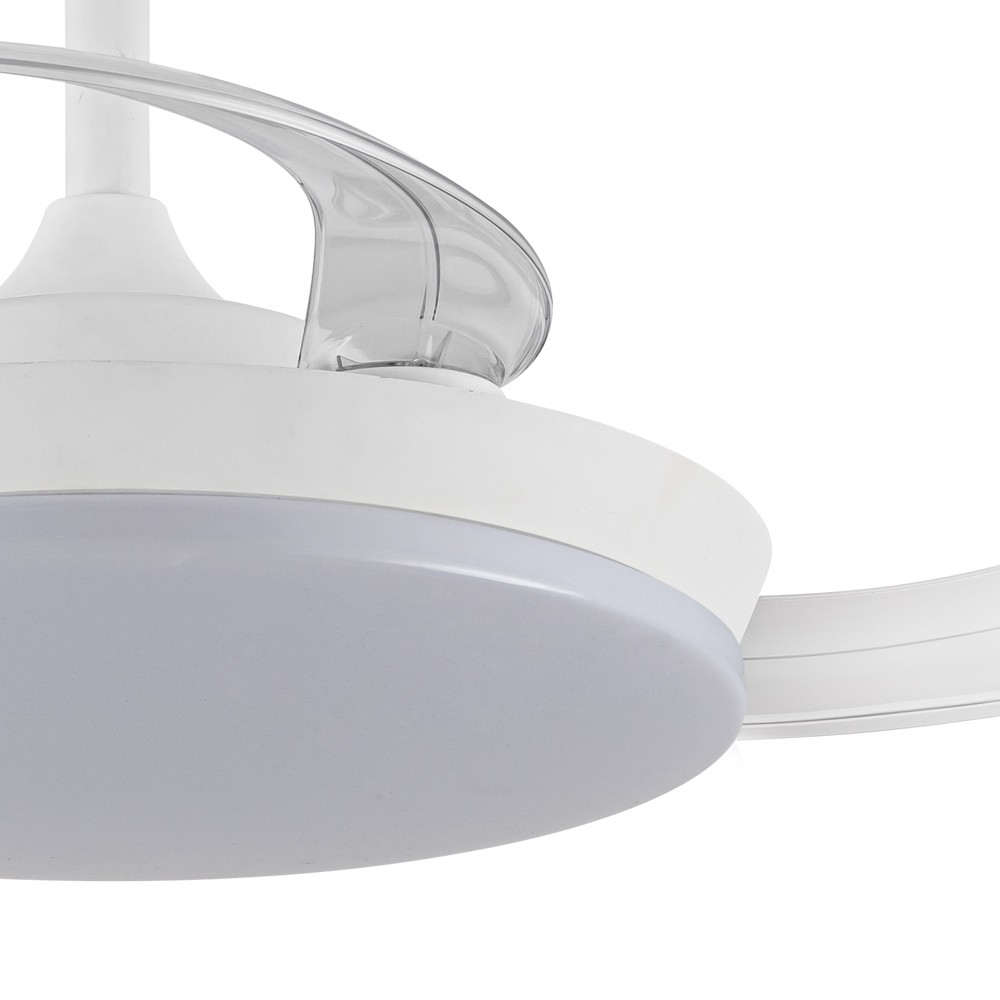 Primer plano de un ventilador de techo blanco. Se ven aspas transparentes y un anillo de luz.