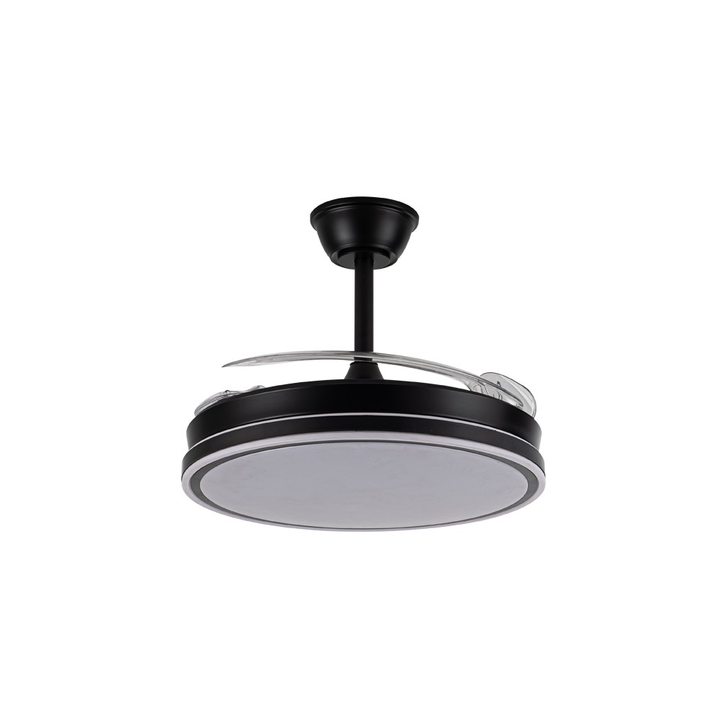 Ventilador de techo negro con luz. Diseño circular con adornos en blanco y negro. Aspas no visibles.