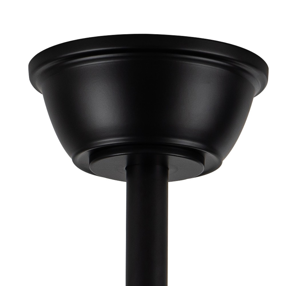 Base y varilla de ventilador de techo negro sobre un fondo blanco. Muestra el hardware de montaje.