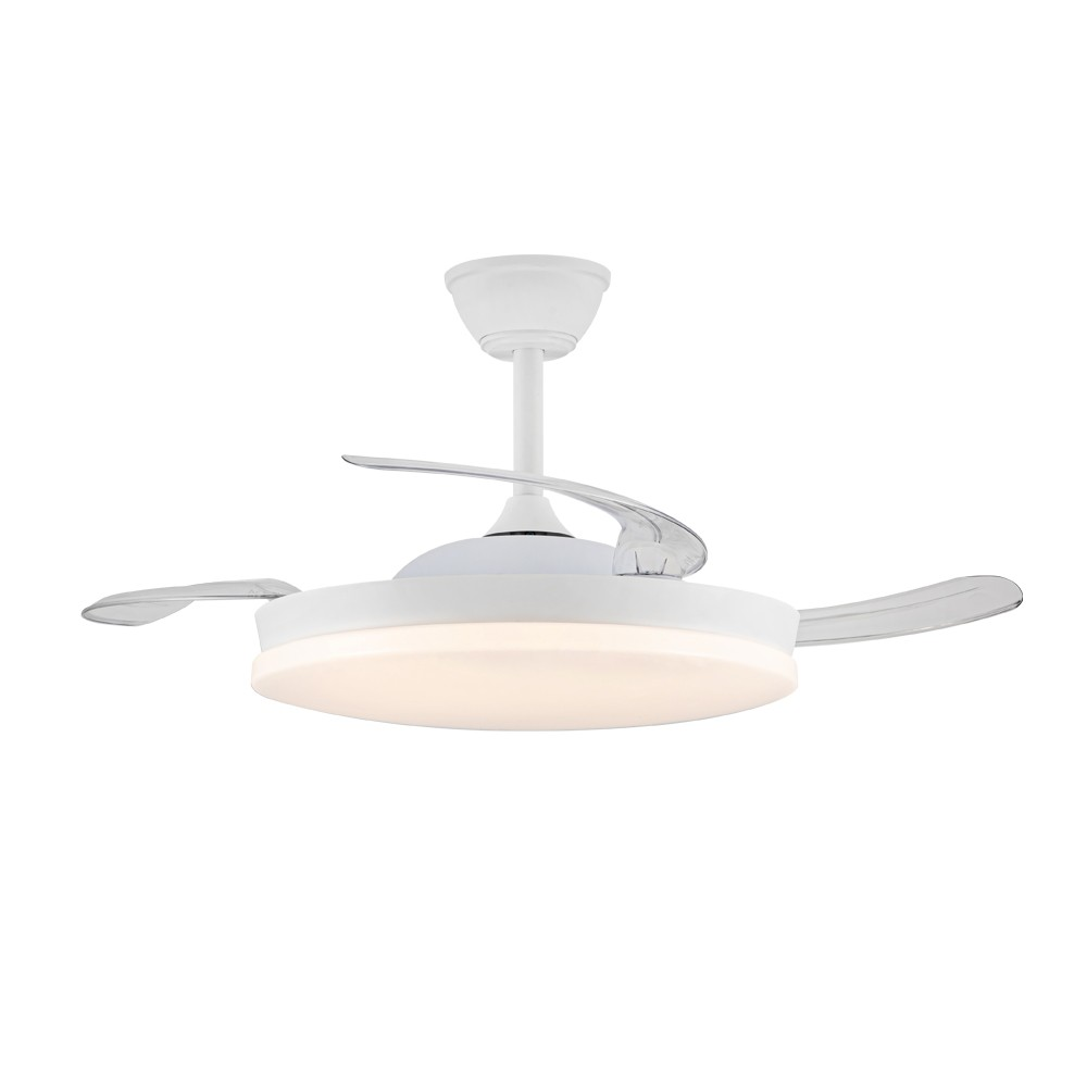 Ventilador de techo blanco con luz. Las aspas transparentes se curvan hacia arriba. Diseño circular, estilo moderno.