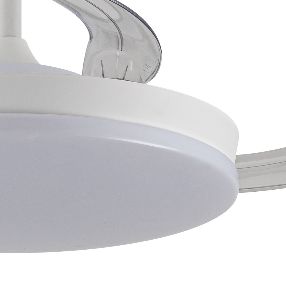Primer plano del detalle del ventilador de techo blanco con luz y aspas transparentes.