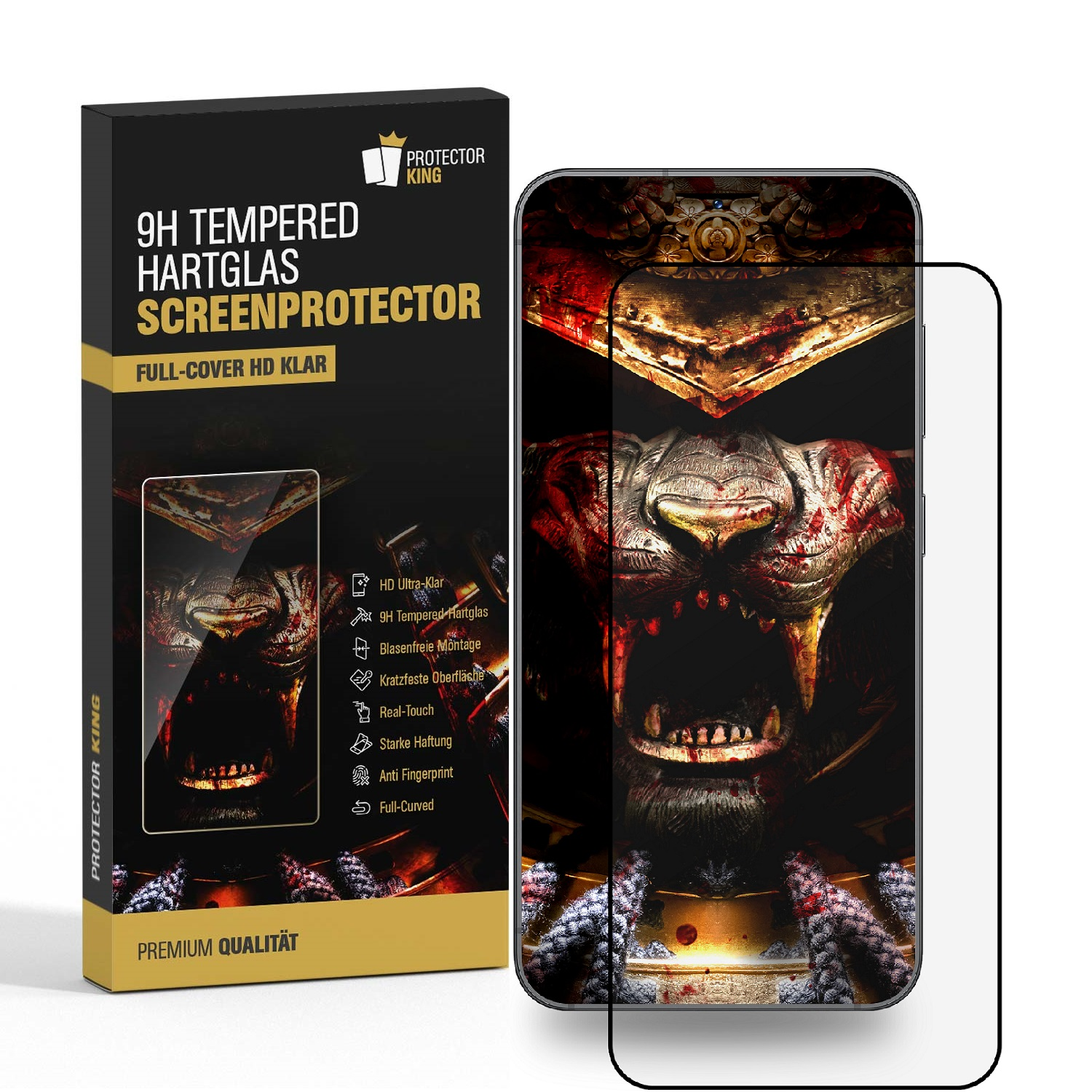 Telefon mit Samurai-Design, Displayschutz und Verpackung.