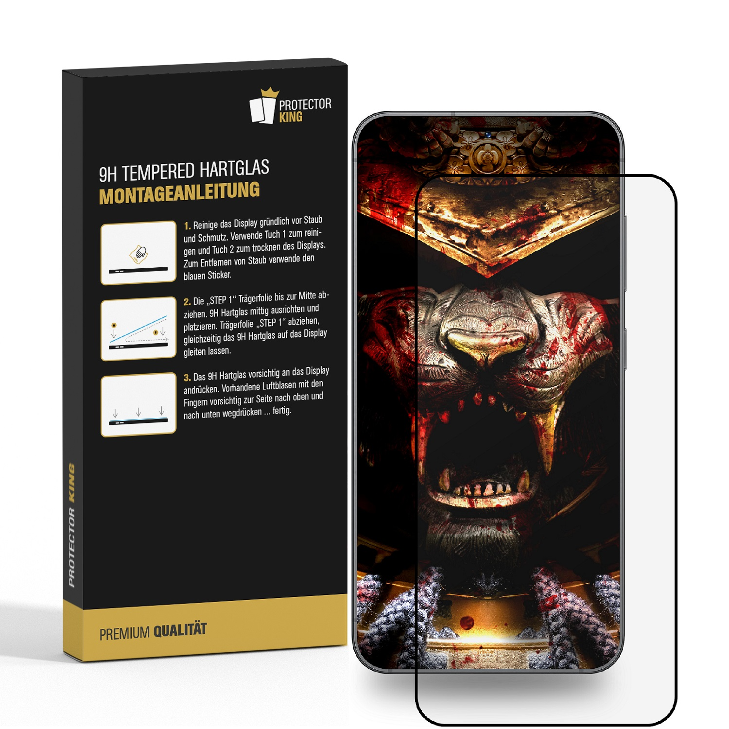 Telefon mit Samurai-Design, Displayschutz und Verpackung.