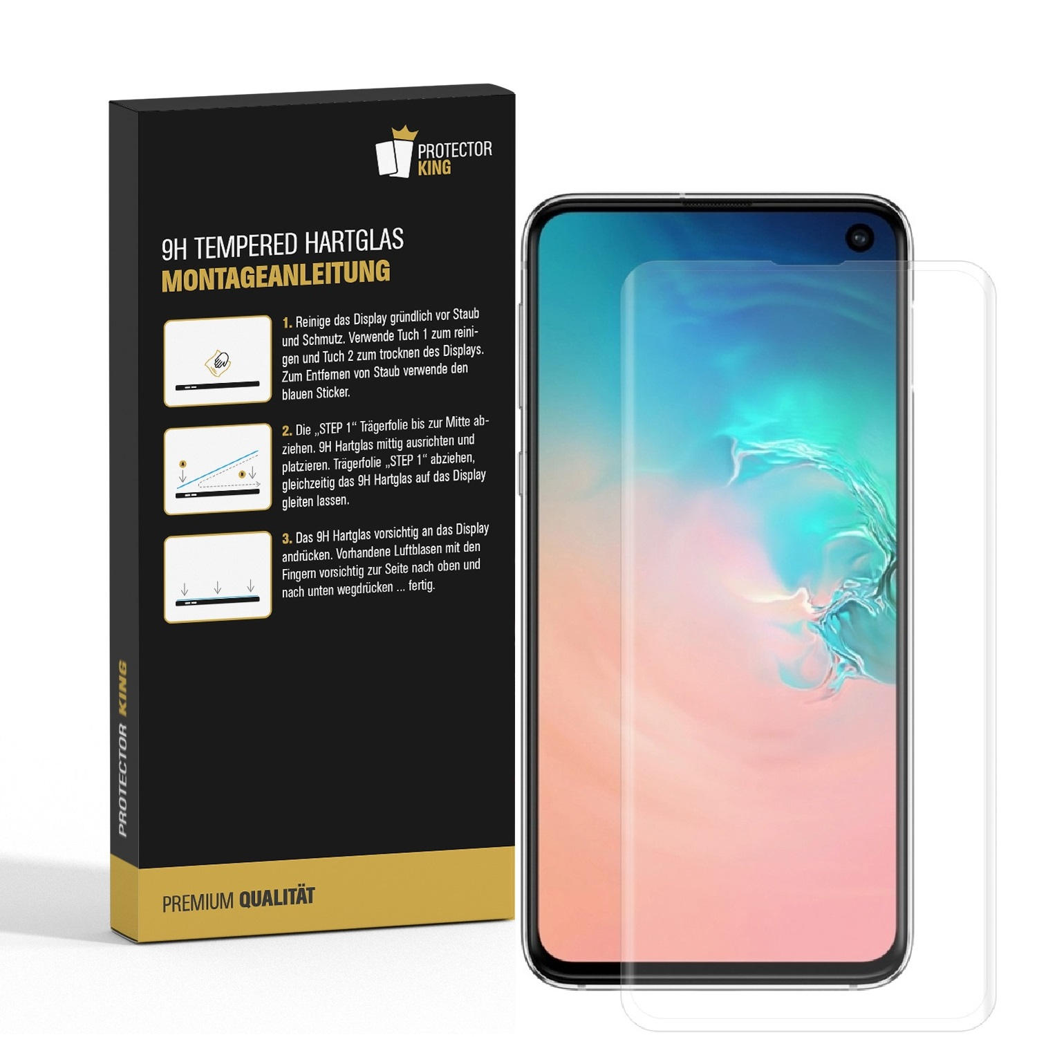 Telefon mit Displayschutz und Produktverpackung.