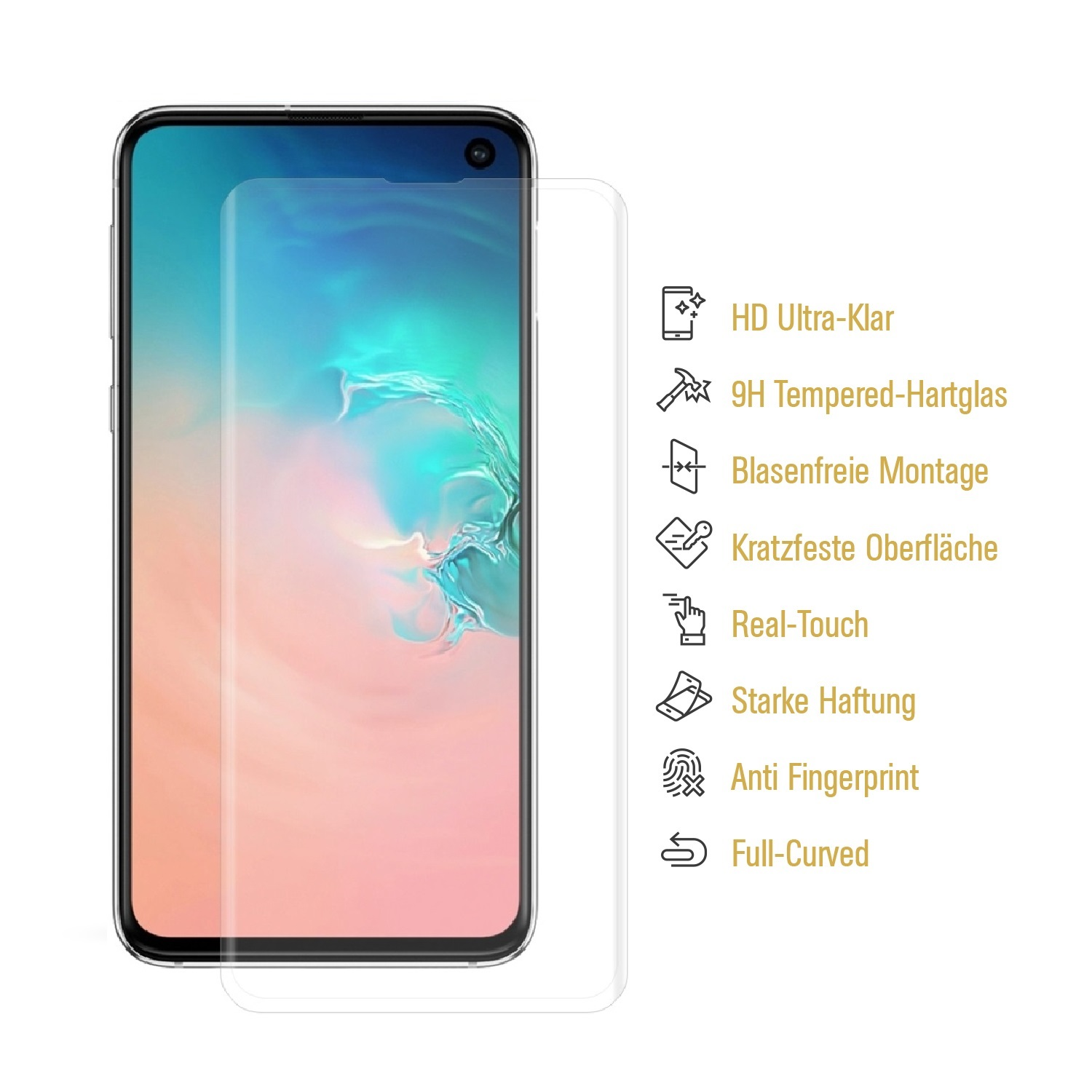 Smartphone mit angebrachtem Displayschutz, der einen klaren Bildschirm und weißen Hintergrund zeigt.