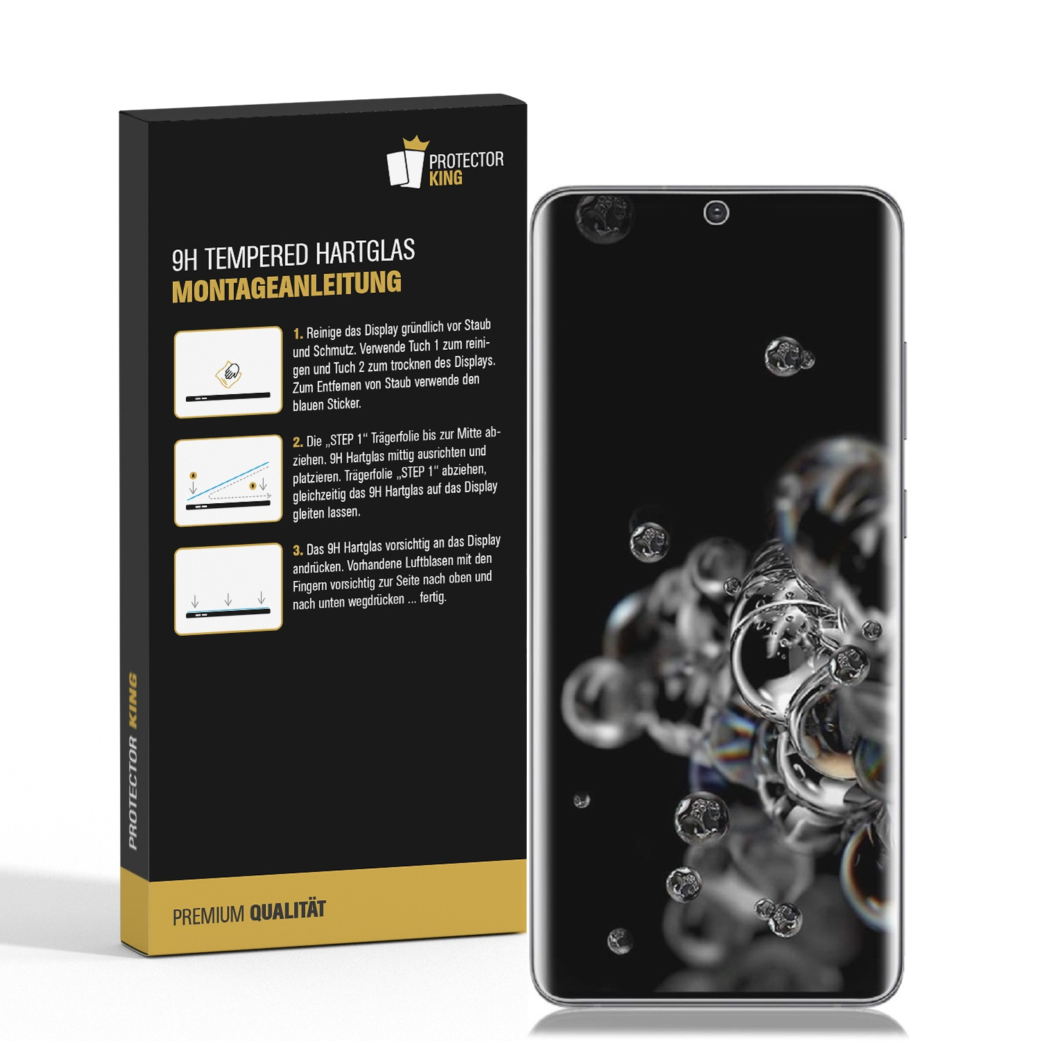Smartphone mit angebrachtem Displayschutz, der einen klaren Bildschirm und Anweisungen zeigt.