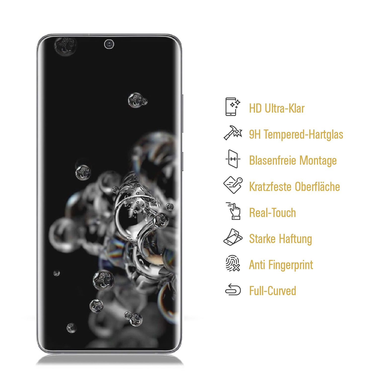 Smartphone mit Displayschutz, der einen schwarzen Bildschirm mit Wassertropfen zeigt.