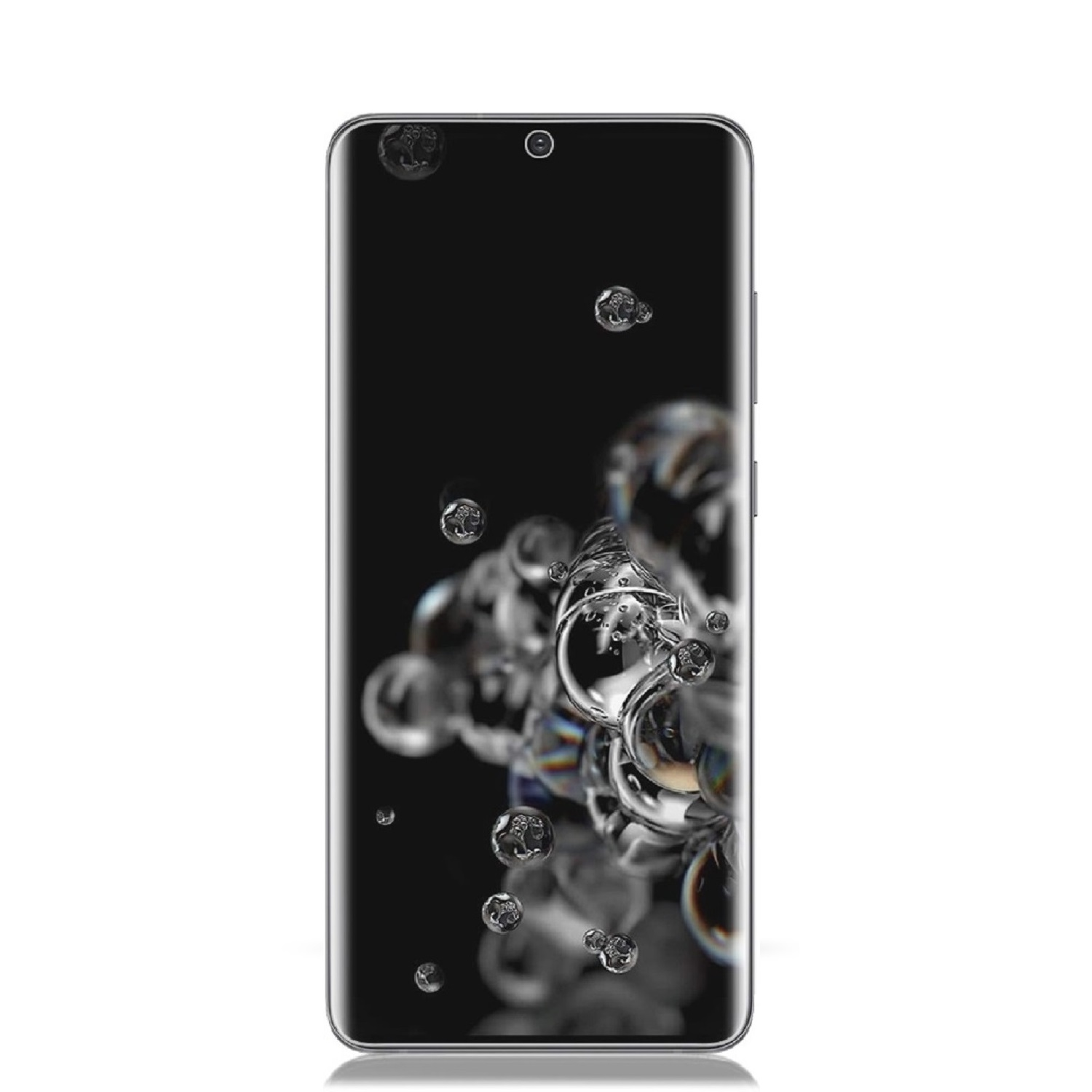 Smartphone mit schwarzem Bildschirm und Blasen darauf. Schwarzer Hintergrund.
