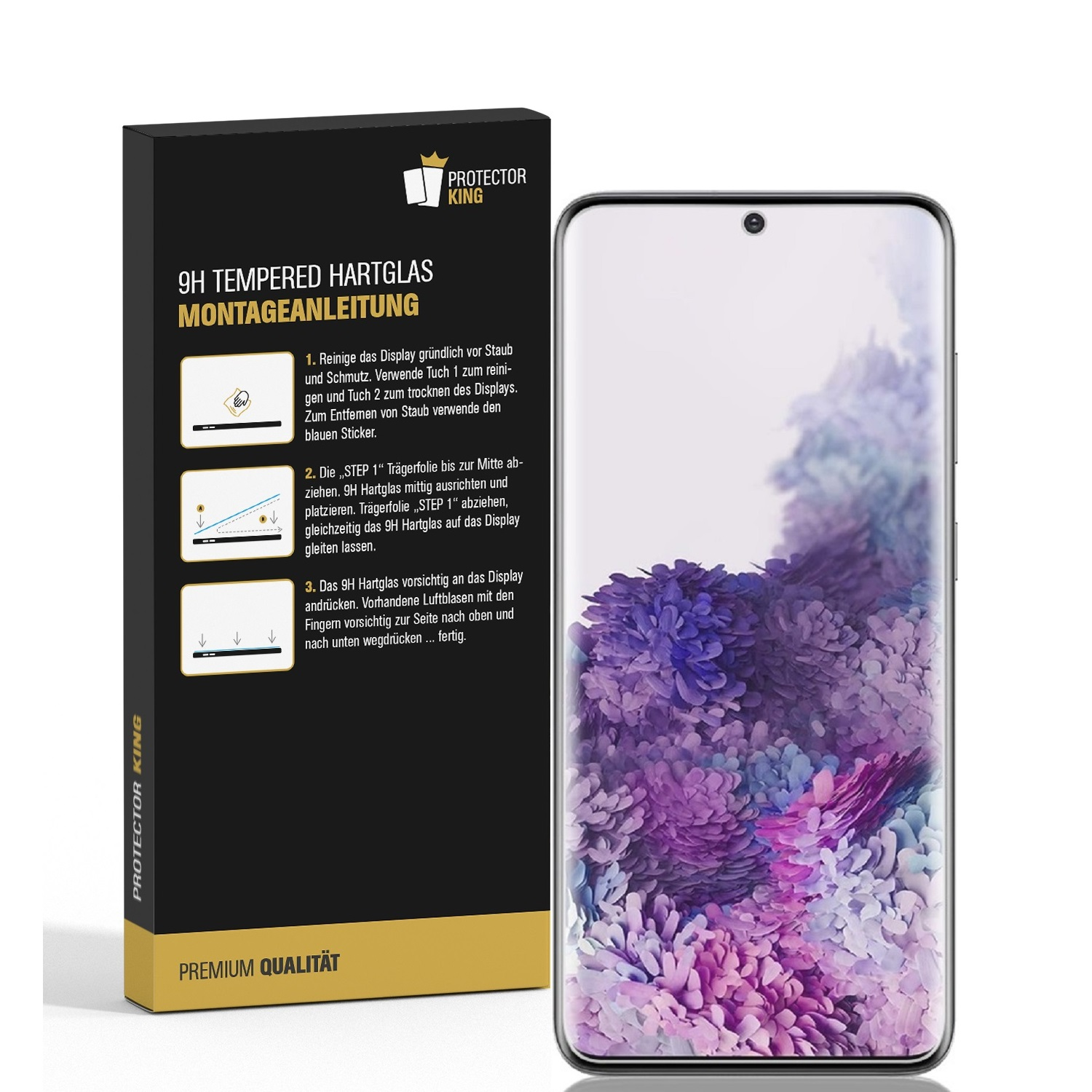 Ein Telefonbildschirm mit Displayschutzfolie und eine Box mit Anweisungen.