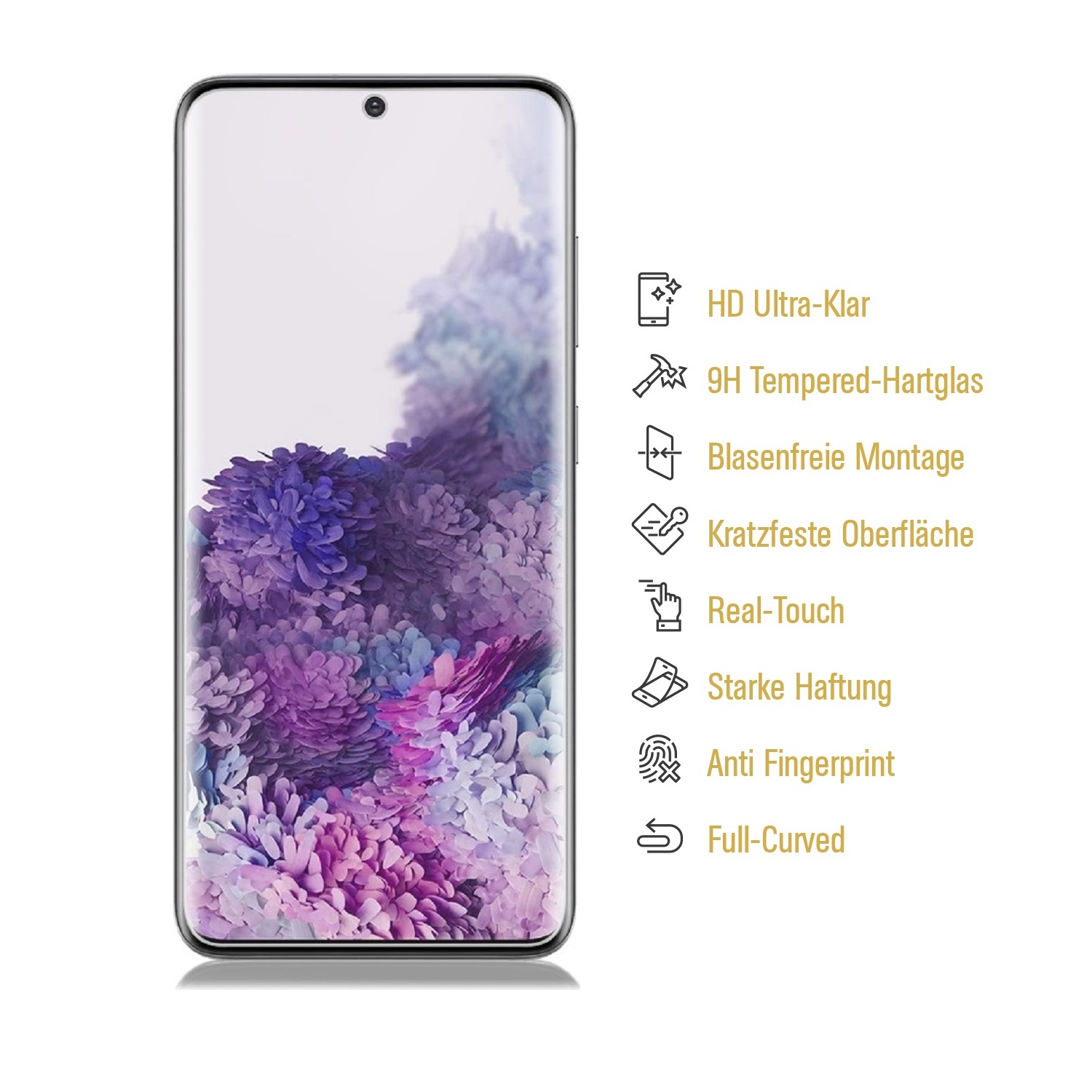 Smartphone mit Displayschutz zeigt florales Hintergrundbild vor weißem Hintergrund.