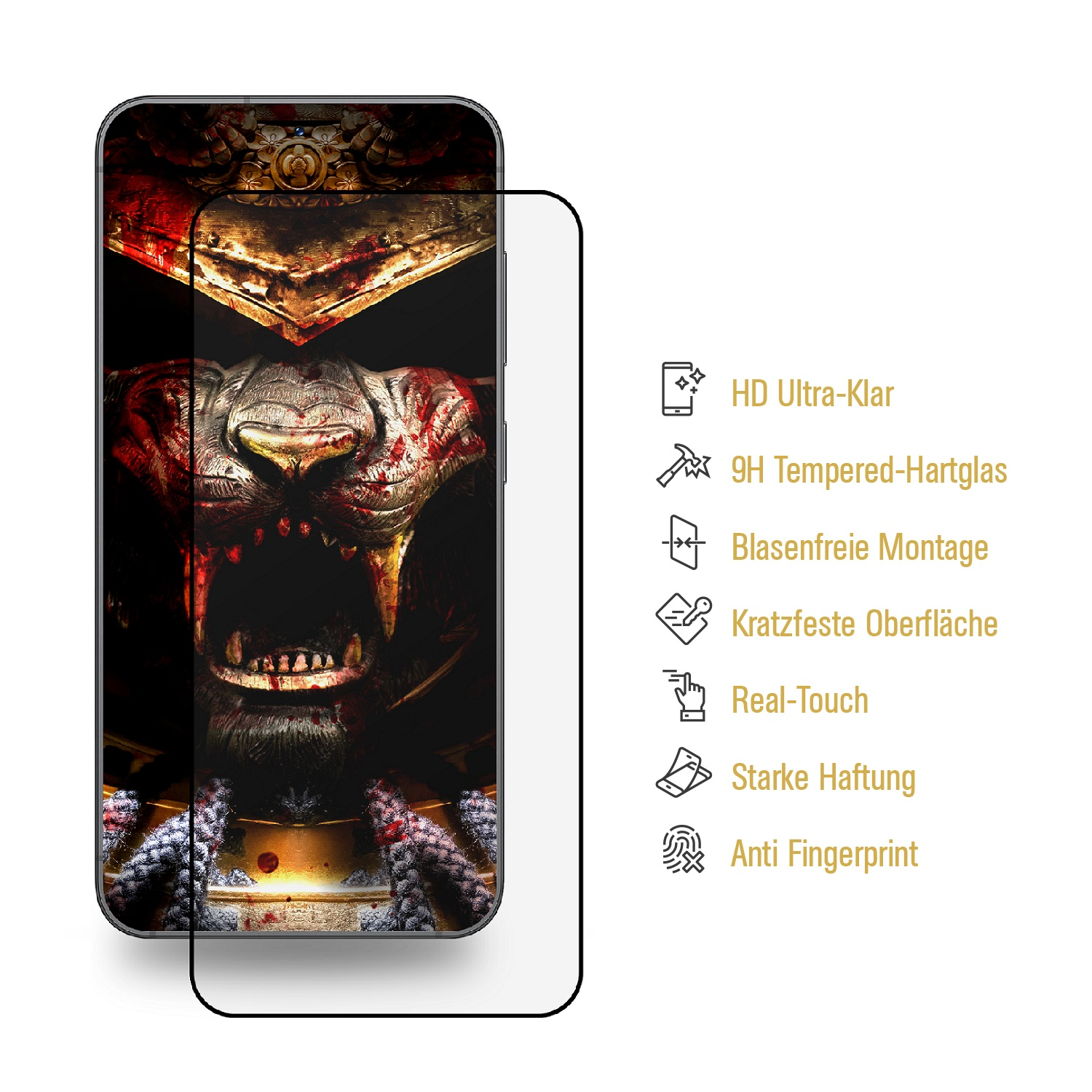 Telefon mit Samurai-Design, Displayschutz und Produktdetails.