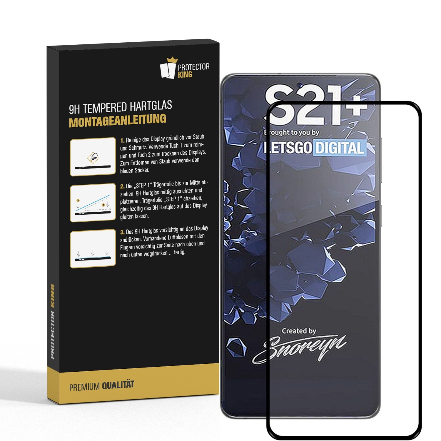 Telefon mit Displayschutz, Produktverpackung mit Montageanleitung.