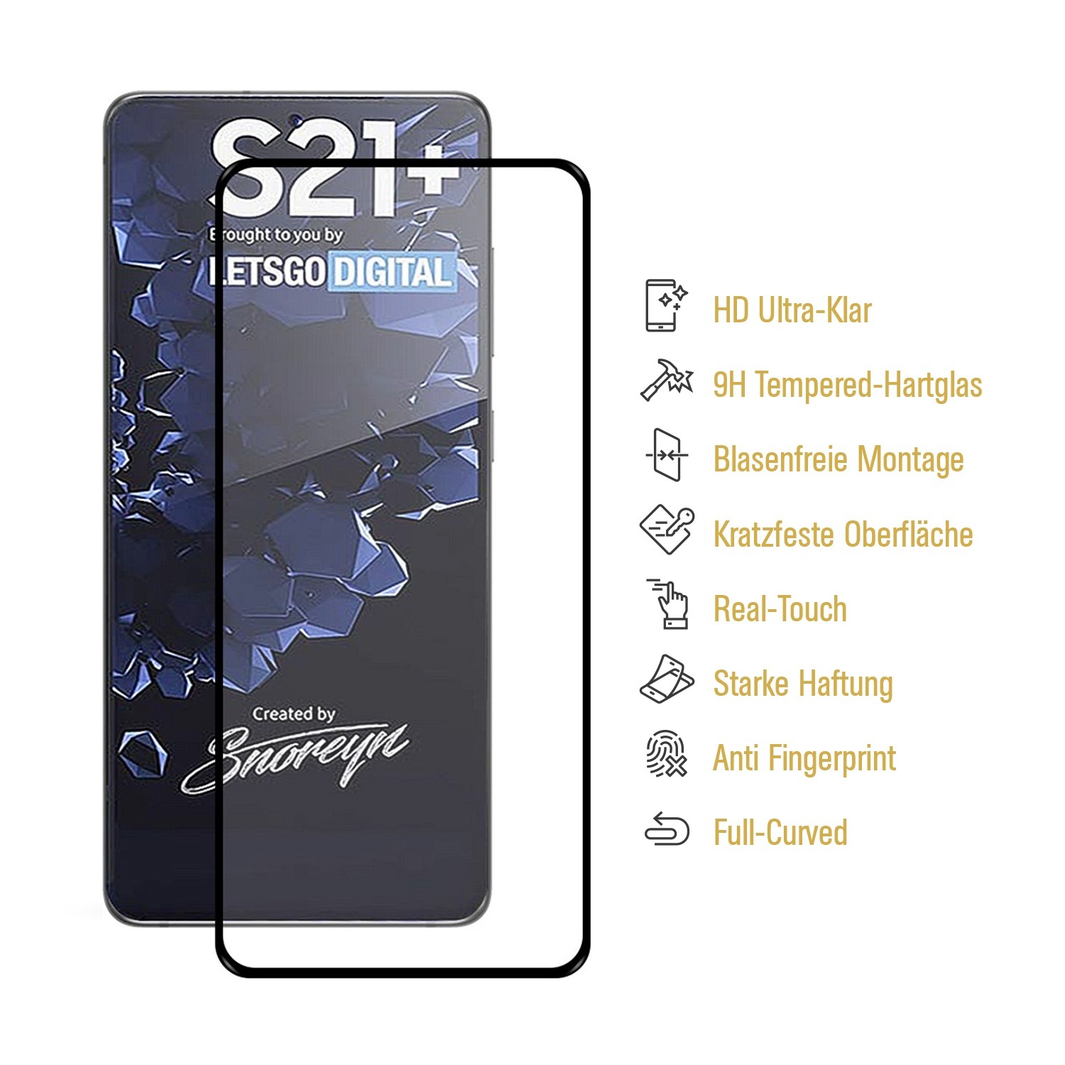 Smartphone mit Displayschutzfolie. Die Schutzfolie hat das S21+ Logo. Weißer Hintergrund.