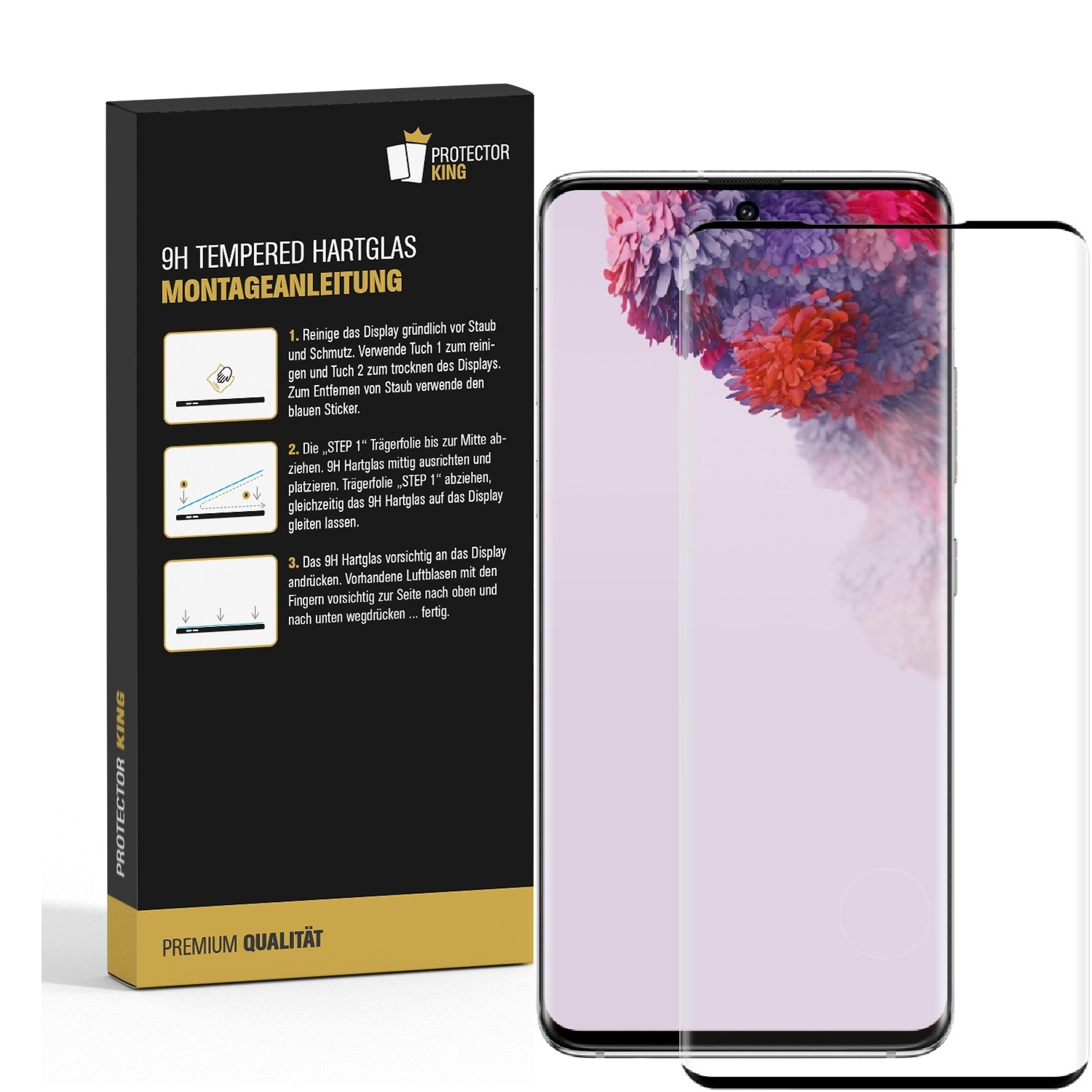 Smartphone mit Displayschutzfolie neben einer Box. Das Telefon hat einen rosa Bildschirm. Weißer Hintergrund.