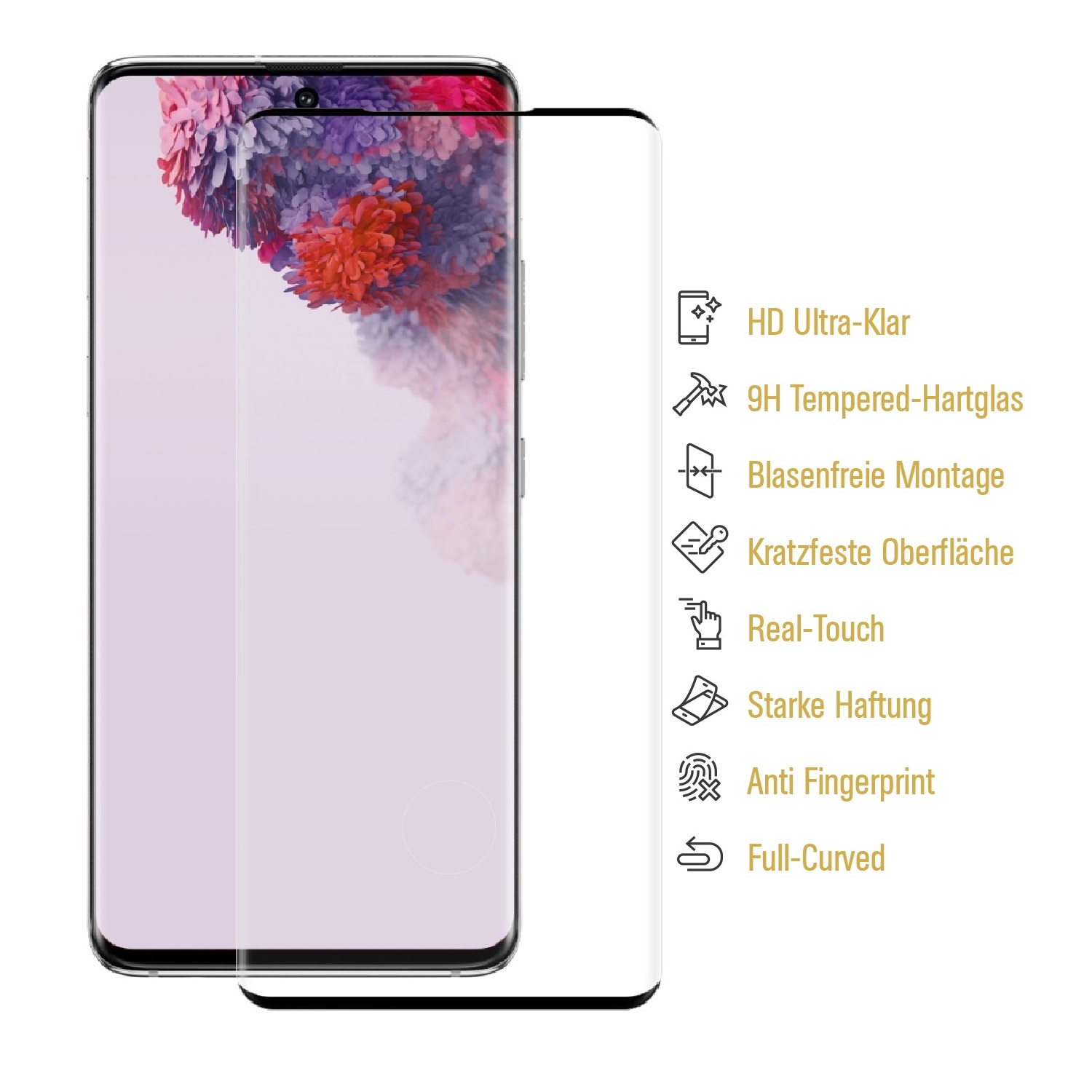 Smartphone mit Displayschutzfolie und Symbolen. Die Symbole befinden sich auf der rechten Seite. Weißer Hintergrund.