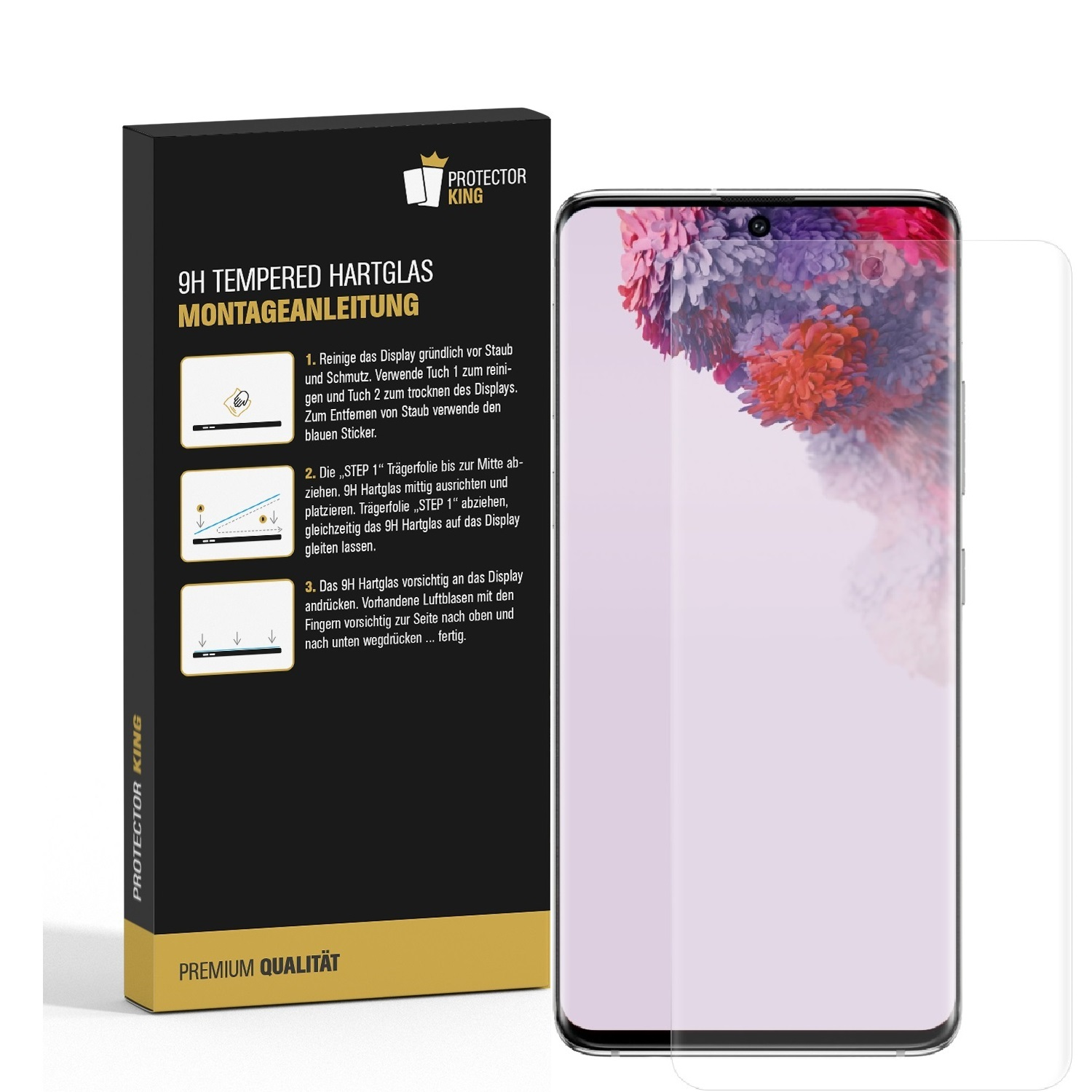 Smartphone mit Displayschutzfolie neben einer Box. Die Displayschutzfolie ist klar. Weißer Hintergrund.