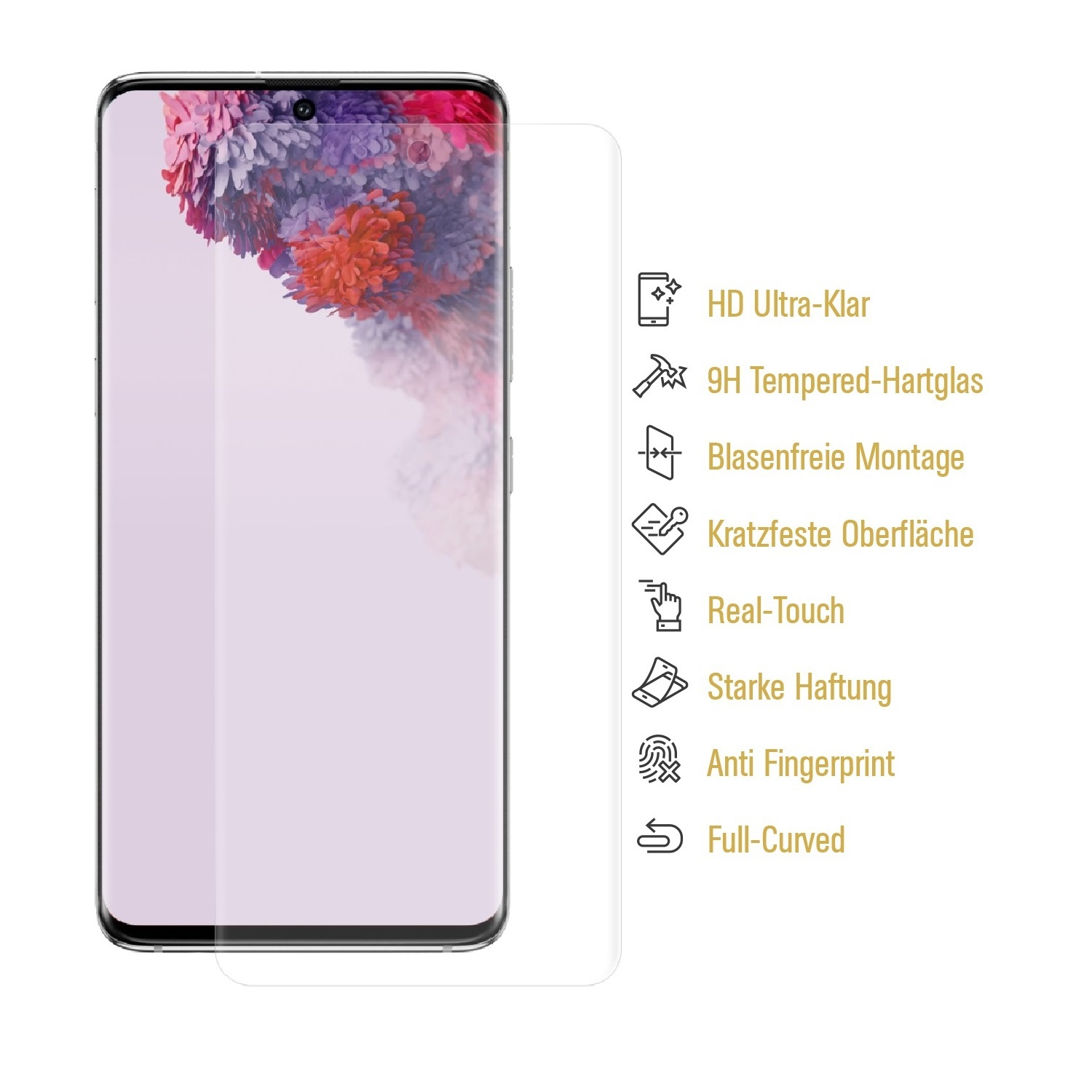 Smartphone mit Displayschutzfolie und Symbolen. Die Symbole befinden sich auf der rechten Seite. Weißer Hintergrund.