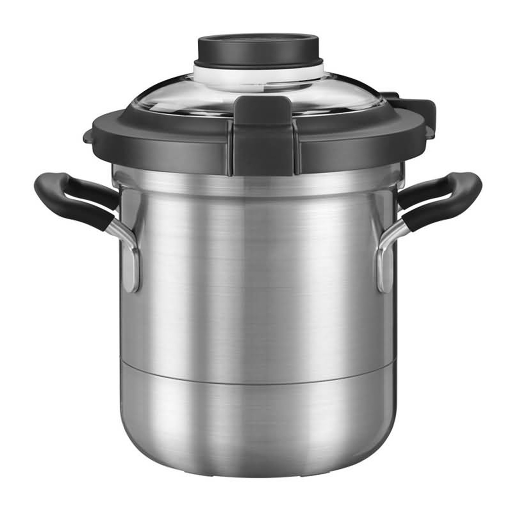 KitchenAid-Dampfgarer. Der Dampfgarer ist aus Edelstahl mit schwarzen Griffen und Deckel.