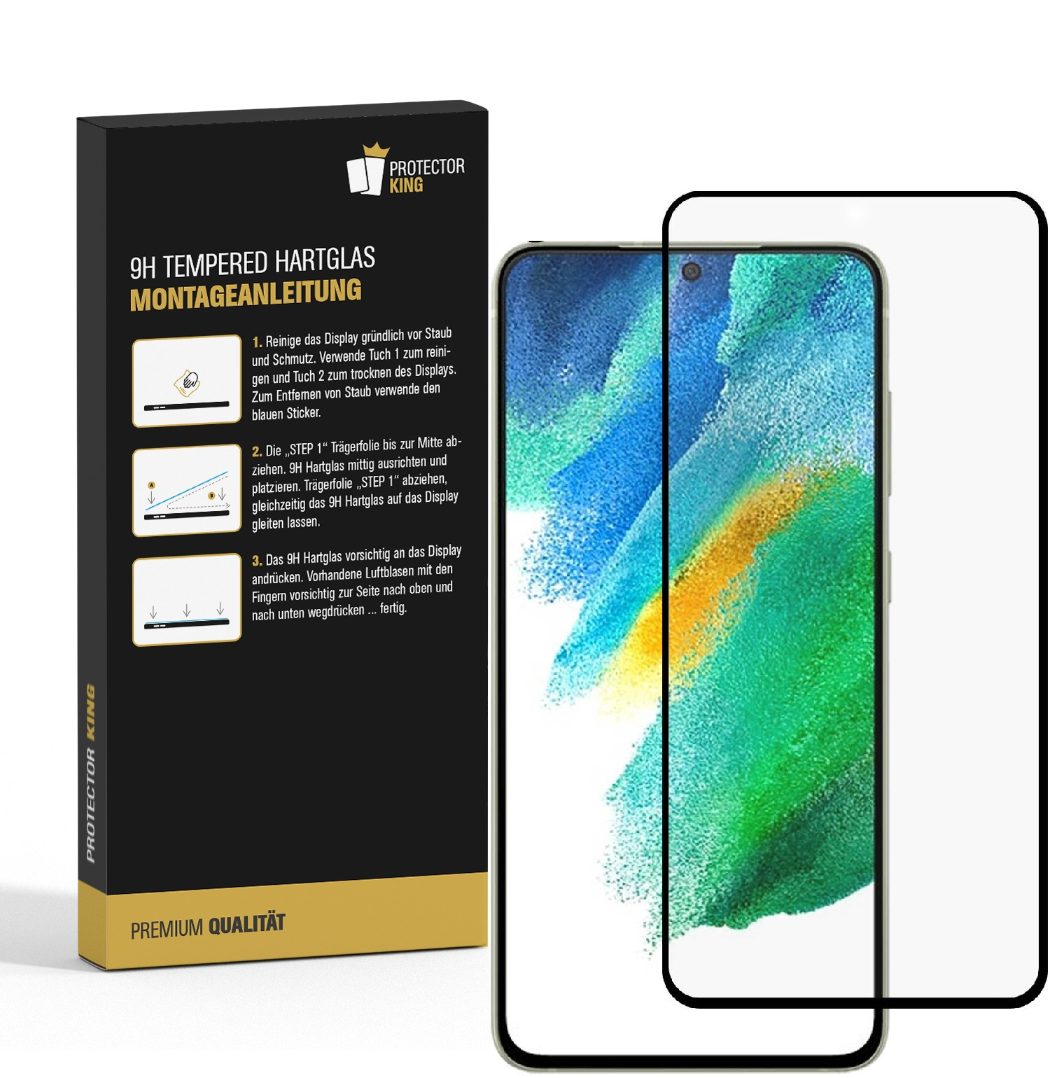 Ein Telefonbildschirm mit Displayschutz und einer Box mit Anweisungen. Der Bildschirm hat Farben.