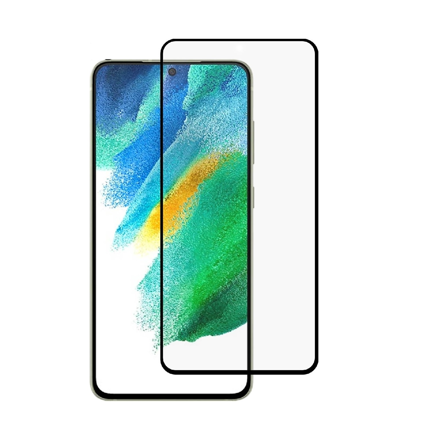 Ein Telefonbildschirm mit einem Displayschutz daneben. Der Bildschirm hat blaue und grüne Farben.