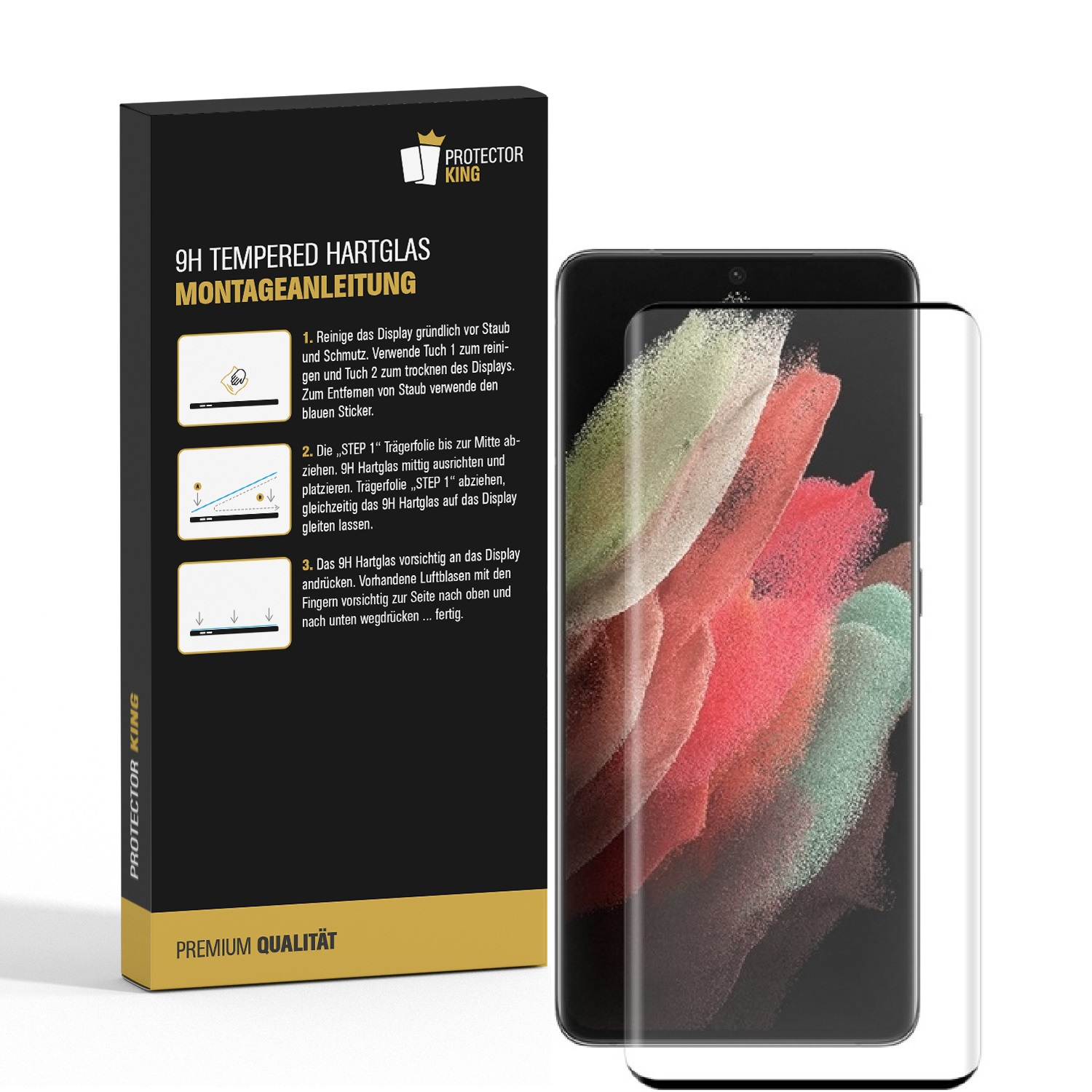 Ein Telefonbildschirm mit Displayschutz und einer Box mit Anweisungen. Der Bildschirm hat ein farbenfrohes Design.
