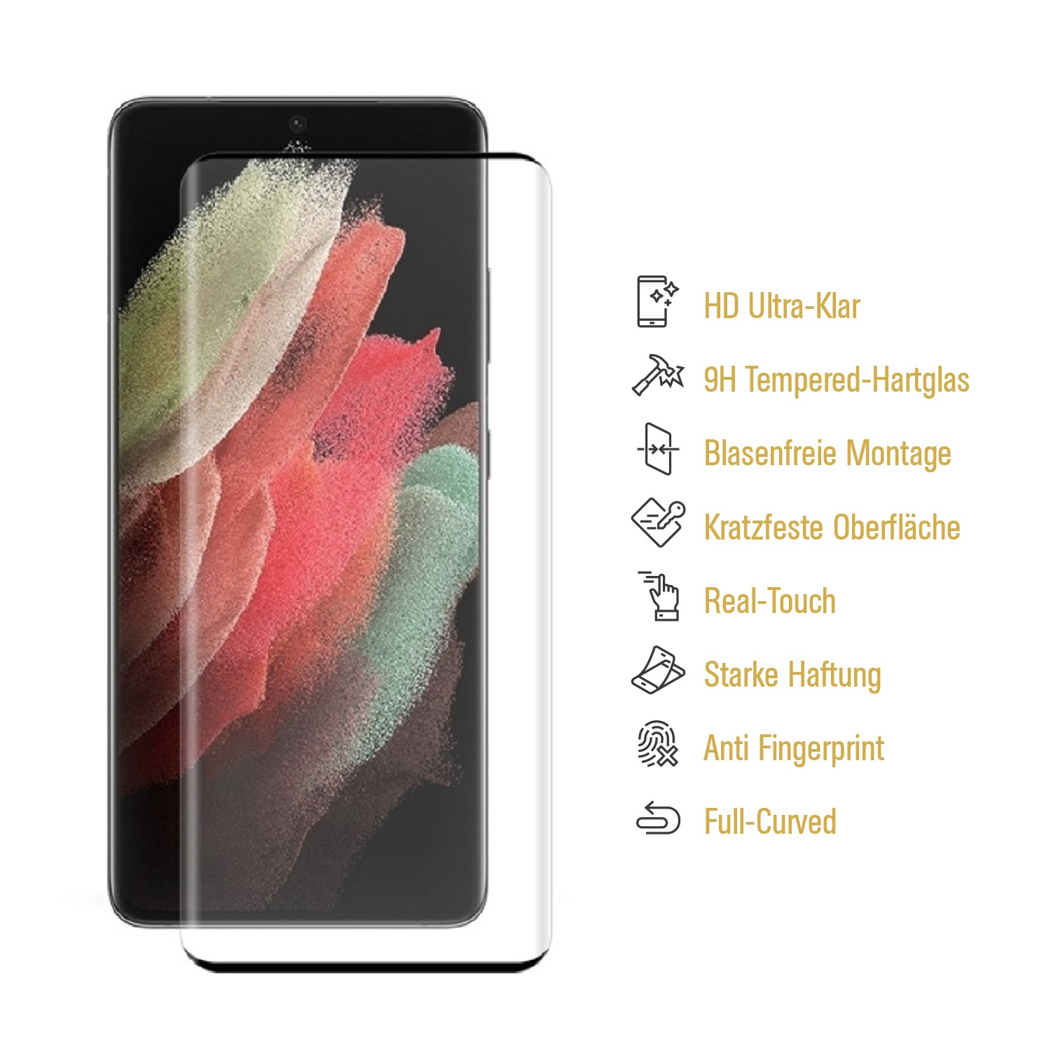 Smartphone mit angebrachtem Displayschutz, mit Symbolen und Textbeschriftungen auf der rechten Seite.
