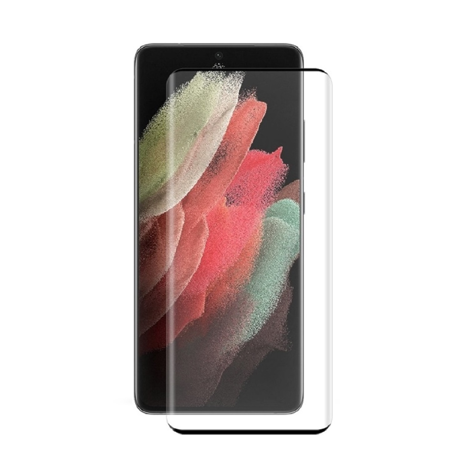 Ein Smartphone mit Displayschutzfolie. Der Bildschirm zeigt ein farbenfrohes, abstraktes Design.