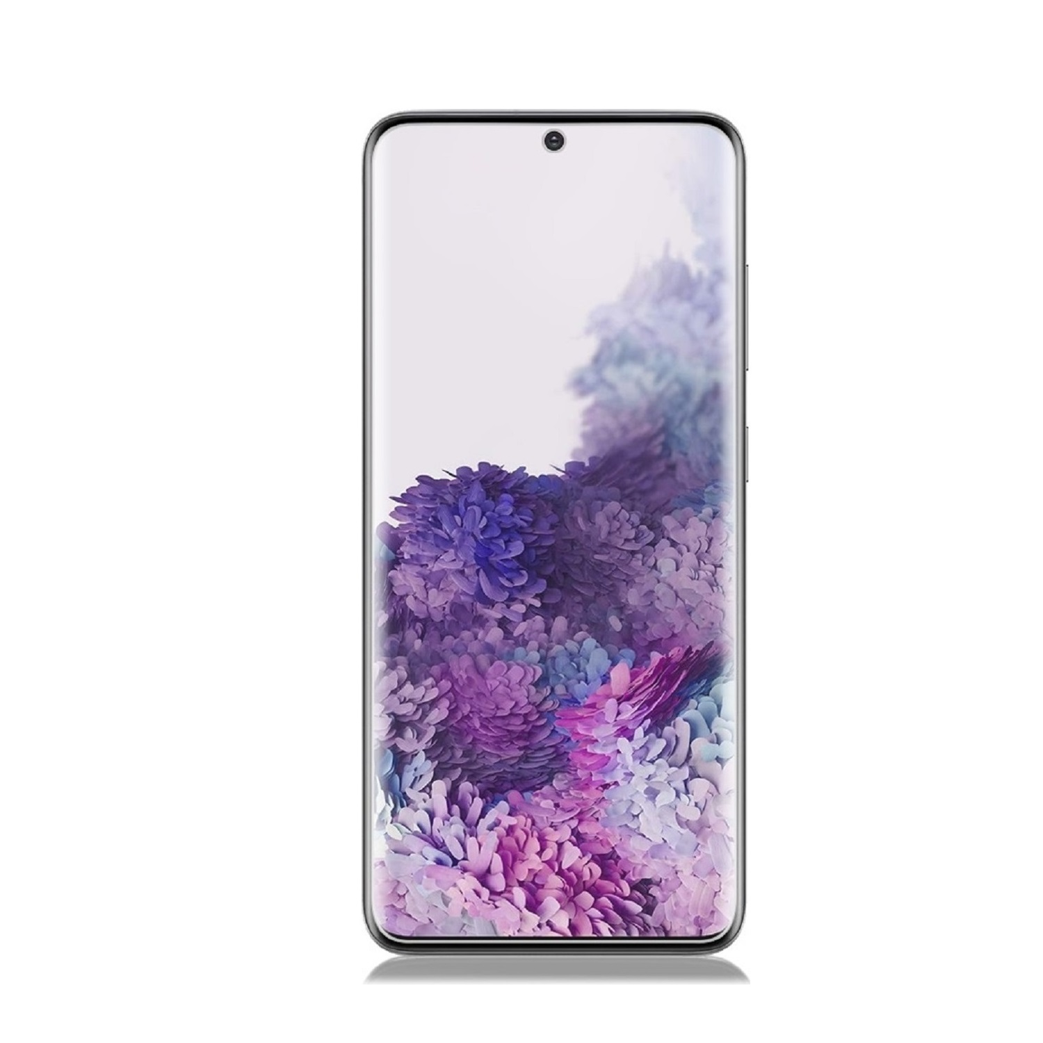 Smartphone mit floralem Hintergrundbild. Das Telefon ist auf weißem Hintergrund. Der Bildschirm ist an.