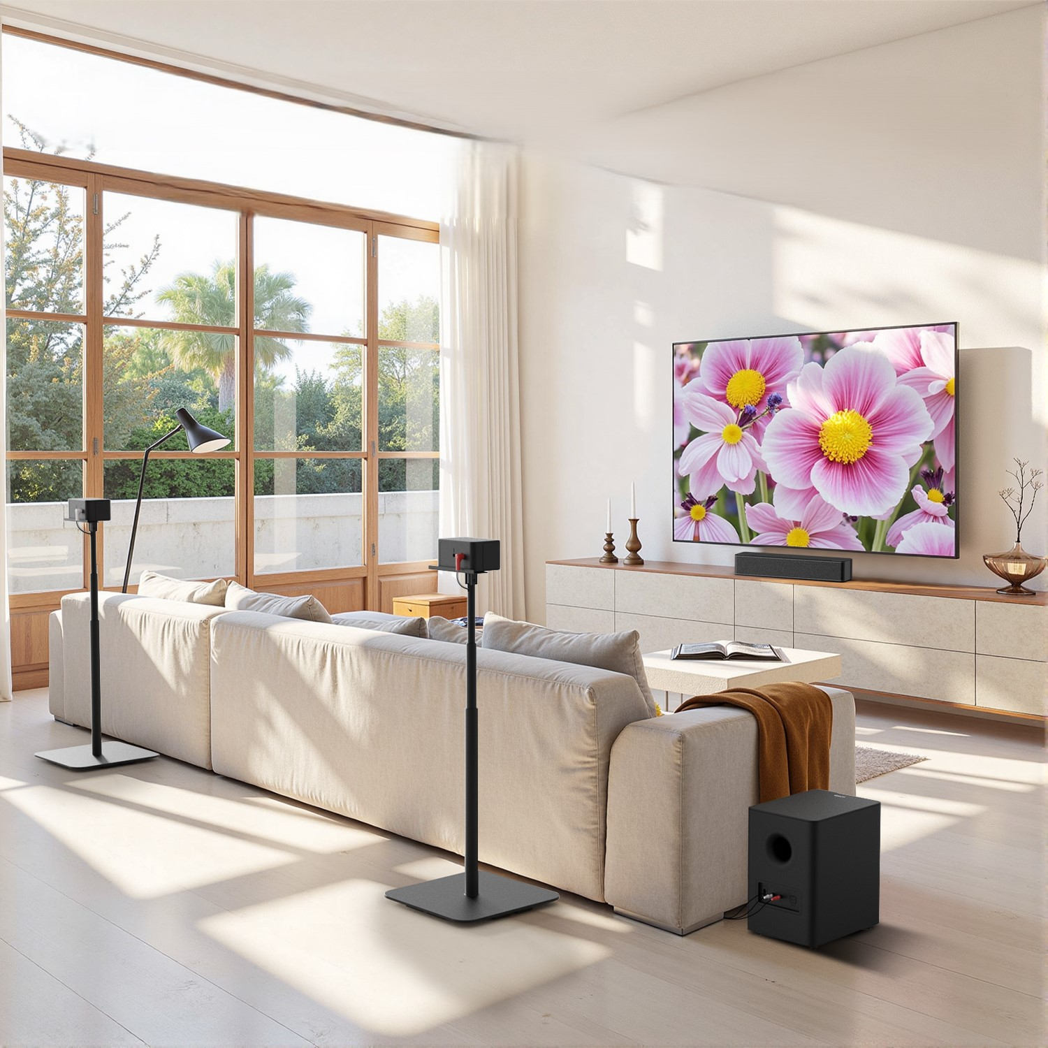 Salon z dużym telewizorem. Biała kanapa jest na pierwszym planie. Dwa czarne głośniki i subwoofer.