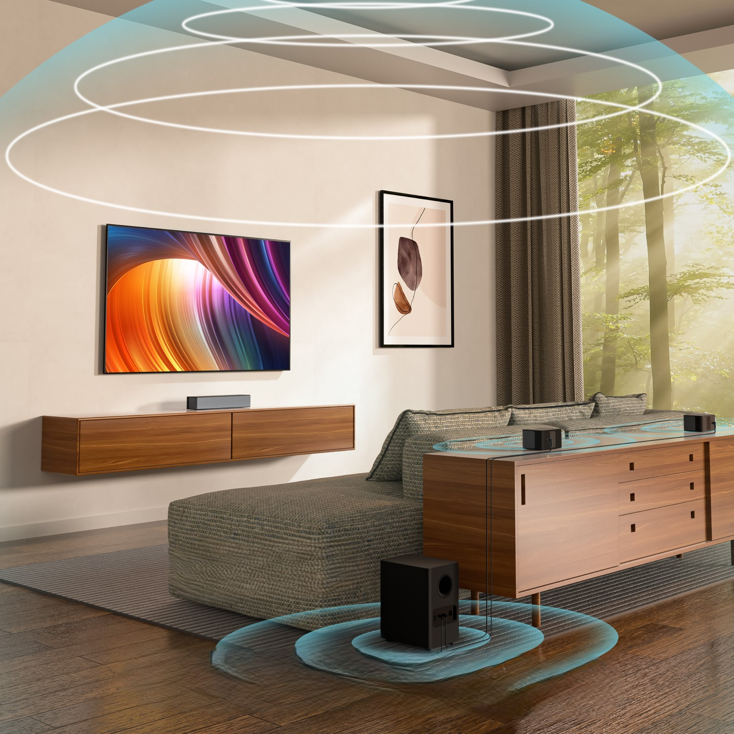 Salon z telewizorem, soundbarem, sofą i drewnianymi meblami. Przedstawiono fale dźwiękowe. Drzewa widoczne przez okno.