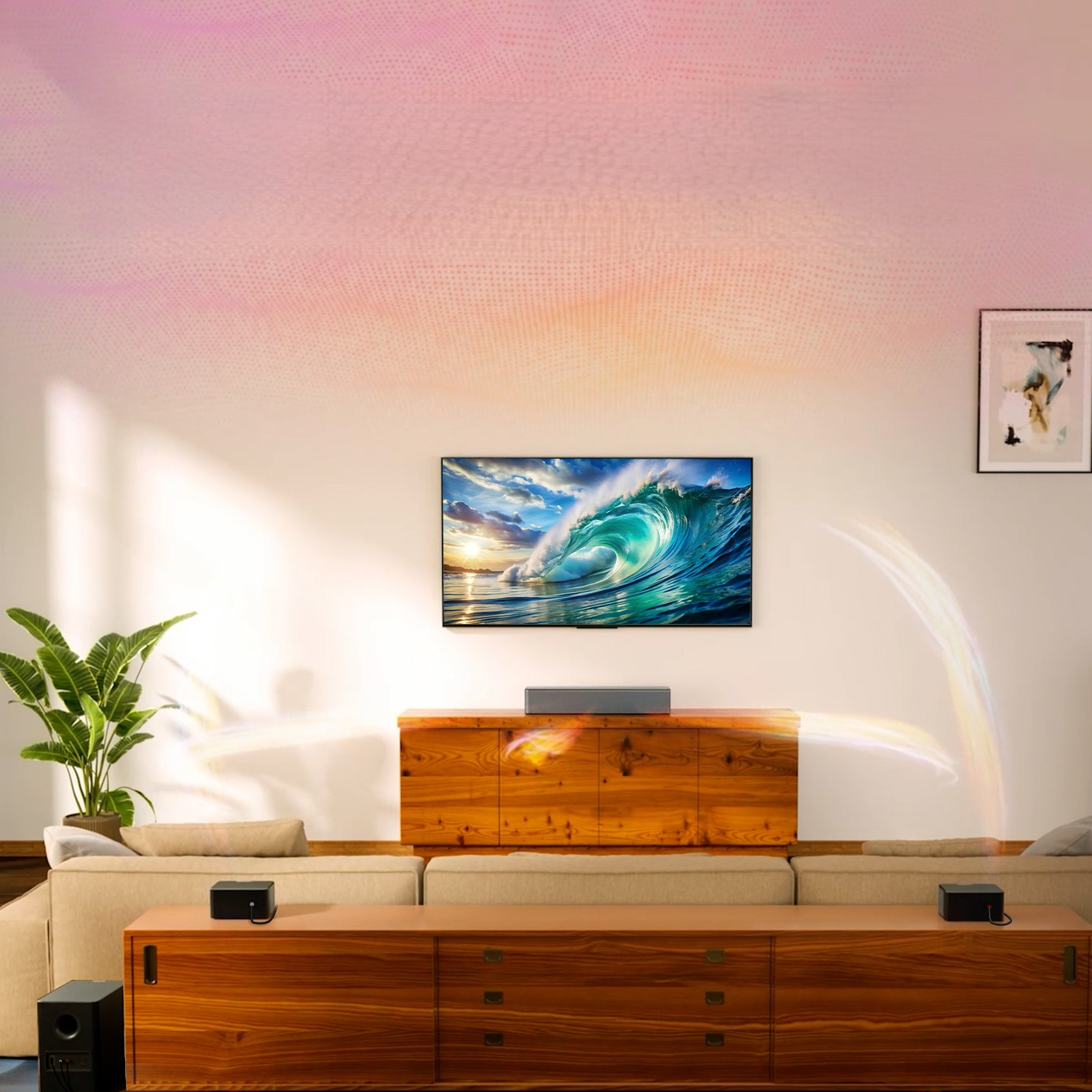 Salon z telewizorem pokazującym falę. W pokoju znajduje się kanapa, subwoofer i głośniki.