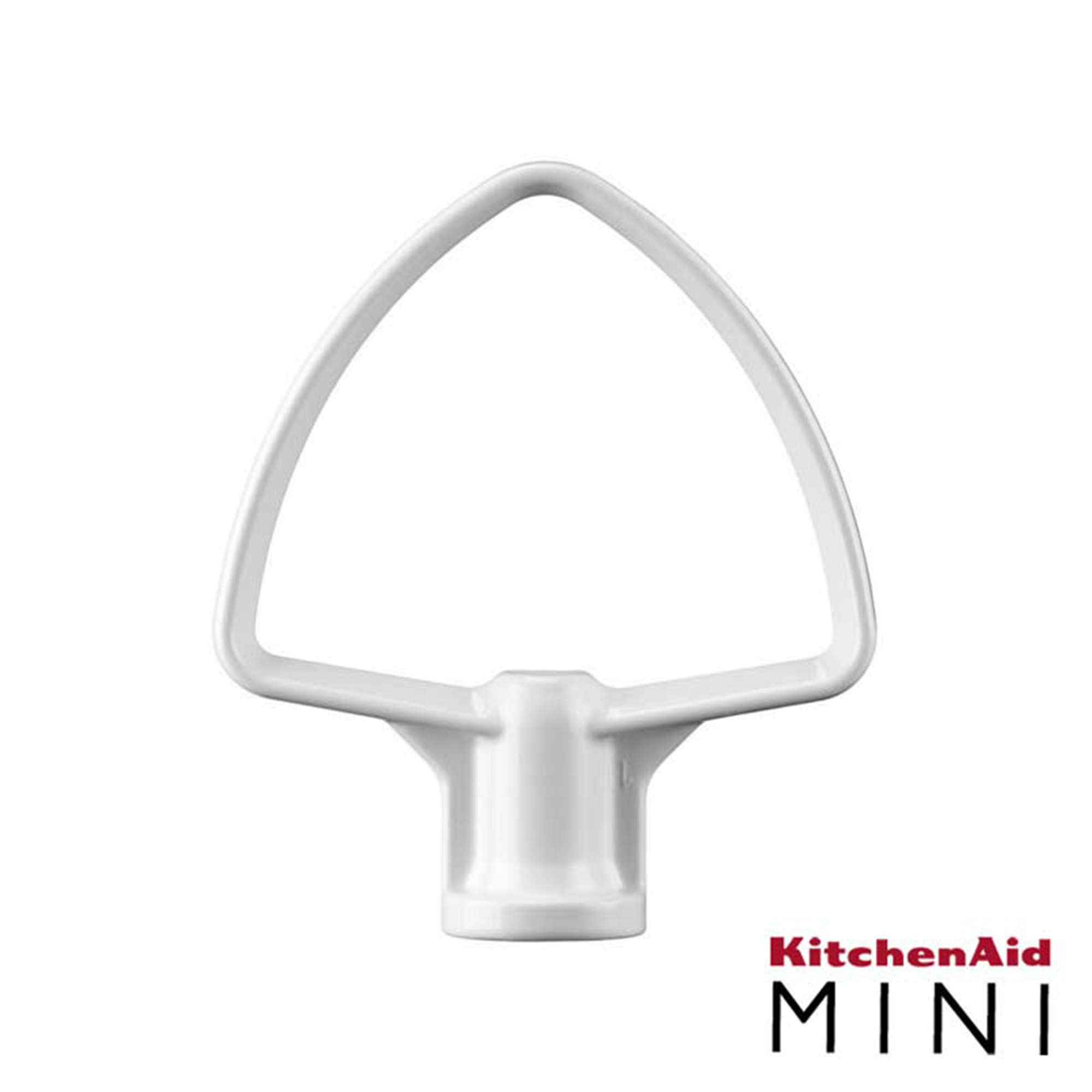 Weißer KitchenAid Mini Mixer-Aufsatz. Dreieckige Form mit Basis zum Mischen.
