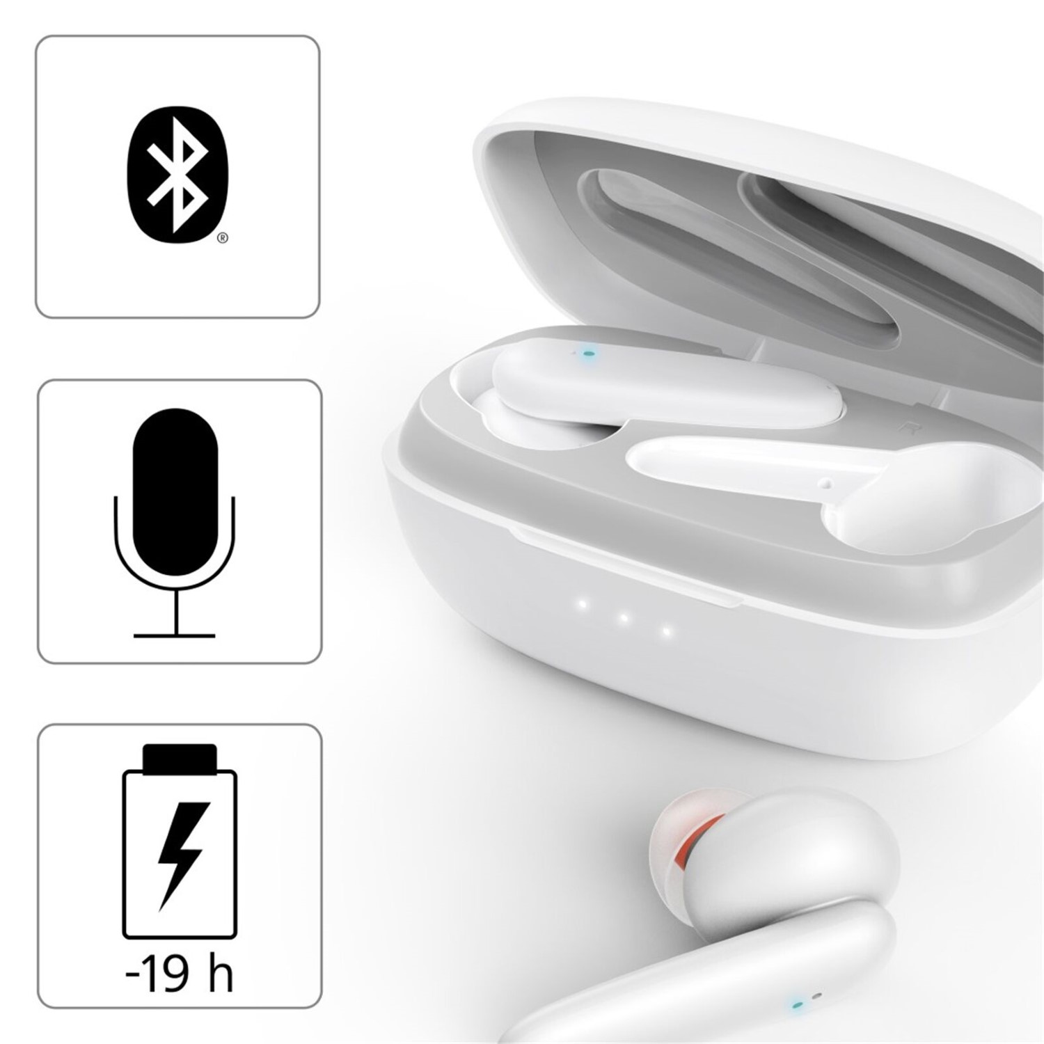 Weiße Ohrhörer in einem Ladecase. Symbole für Bluetooth, Mikrofon und Akkulaufzeit.