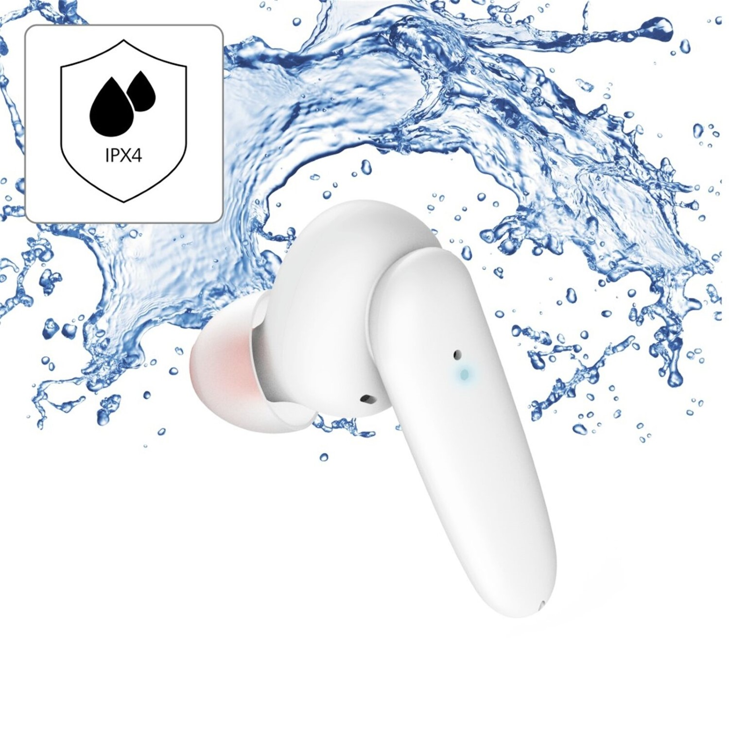 Weißer Ohrhörer, Wasserspritzer und ein IPX4-Symbol. Der Ohrhörer hat ein blaues Licht.