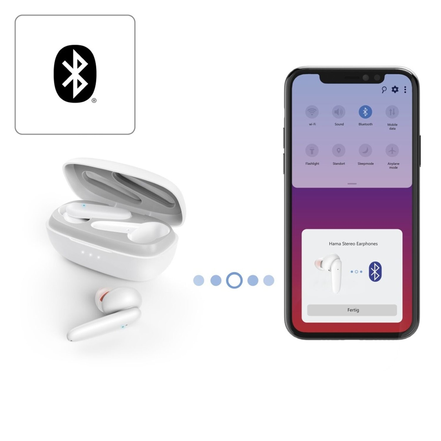 Ohrhörer und Hülle mit einem Smartphone, das eine Bluetooth-Verbindung zeigt. Bluetooth-Symbol links.